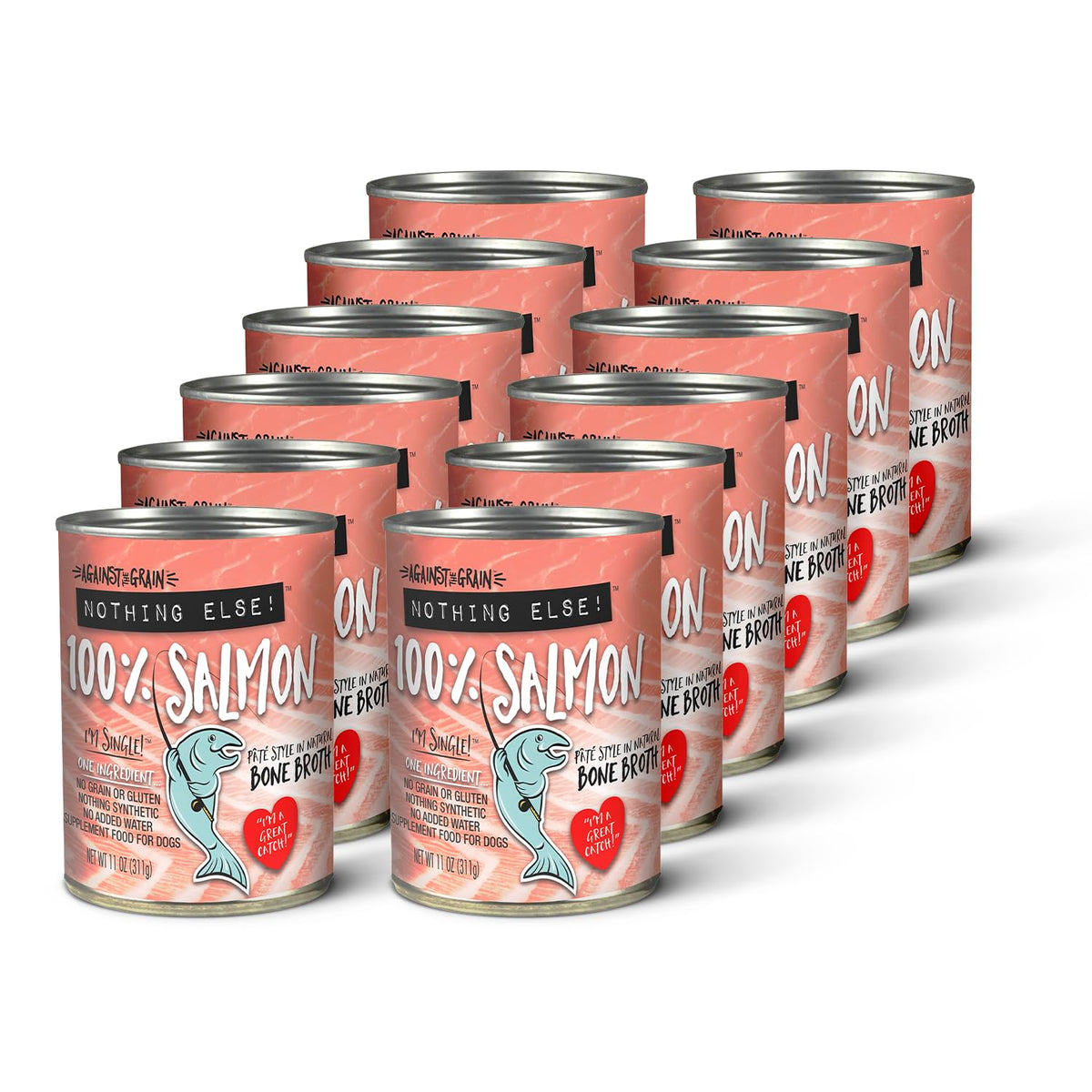 Evanger's Against The Grain salmon can close-up highlighting single-ingredient nutrition