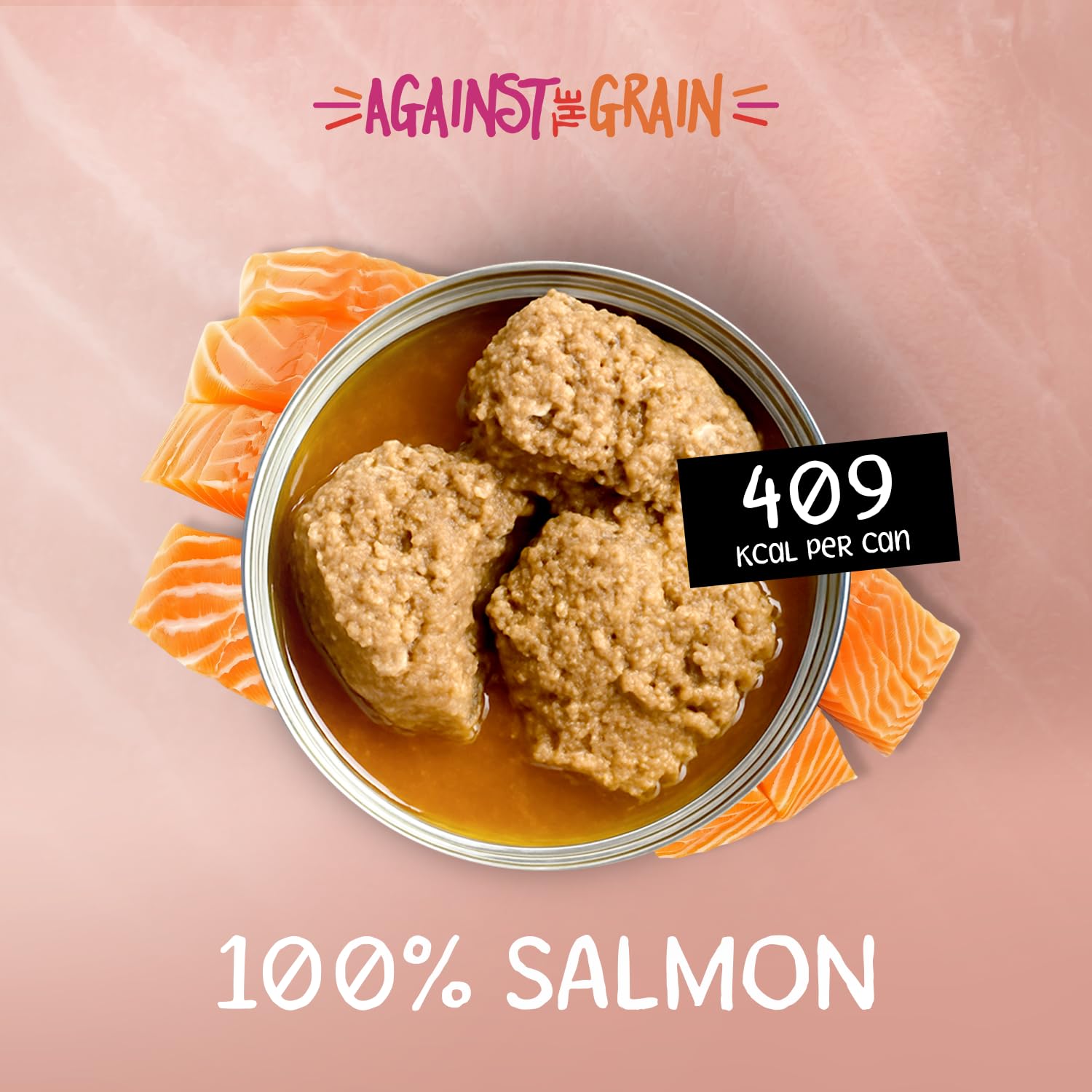 Dog happily eats Evanger's salmon meal as complete dinner