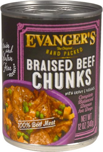 Evanger's braised beef chunks with gravy for dogs offer a hearty meal in a convenient 12-pack.
