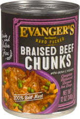 Evanger's braised beef chunks with gravy for dogs offer a hearty meal in a convenient 12-pack.