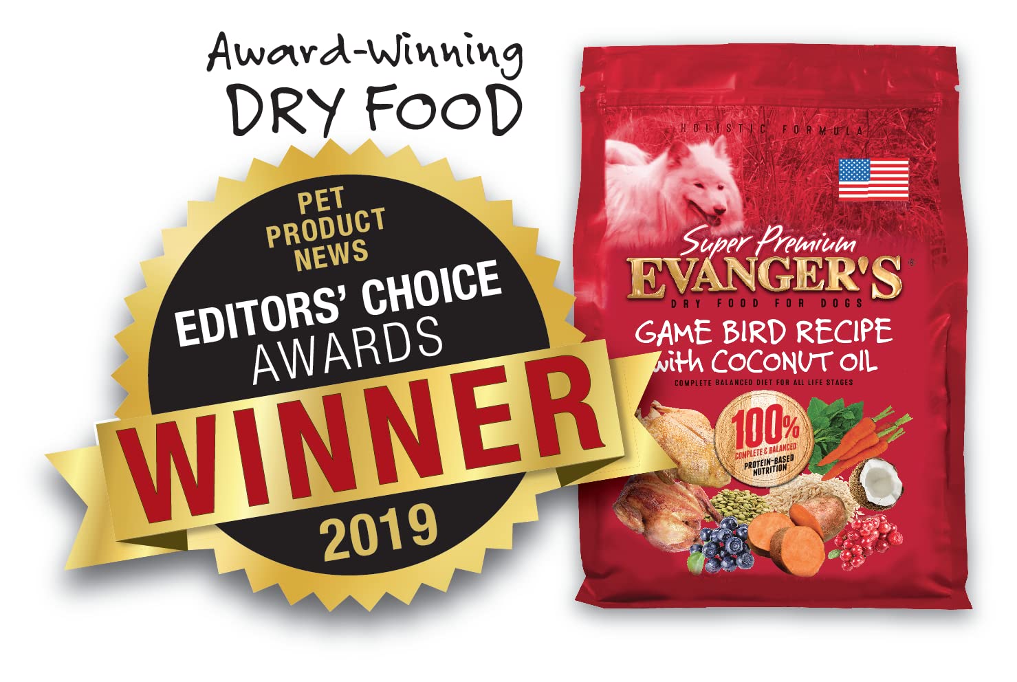 Evanger's coconut oil enrichment highlights coat health and digestion.