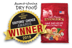 Evanger's coconut oil enrichment highlights coat health and digestion.