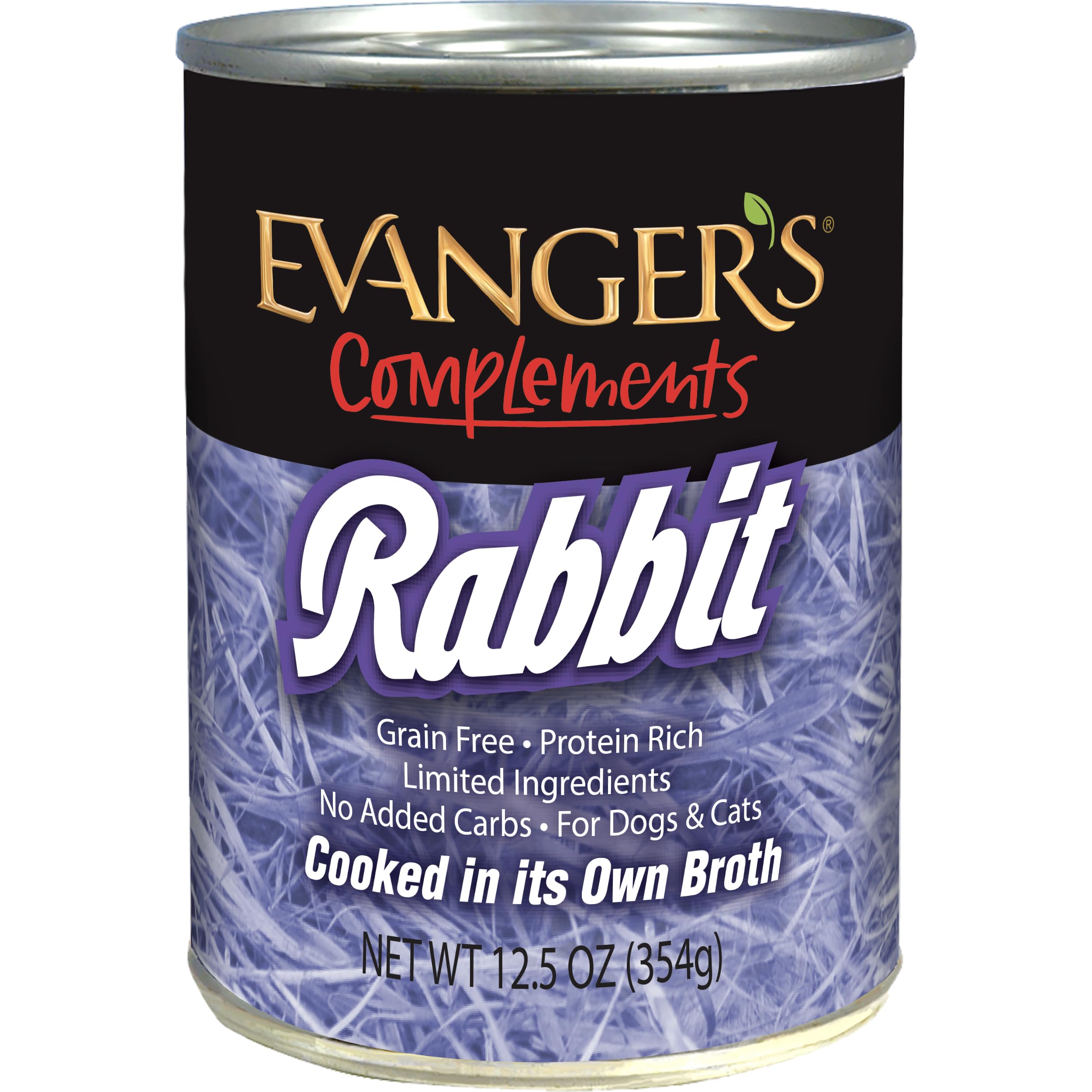 Evanger's Complements Rabbit can in broth shows single-protein option for limited-ingredient meals.