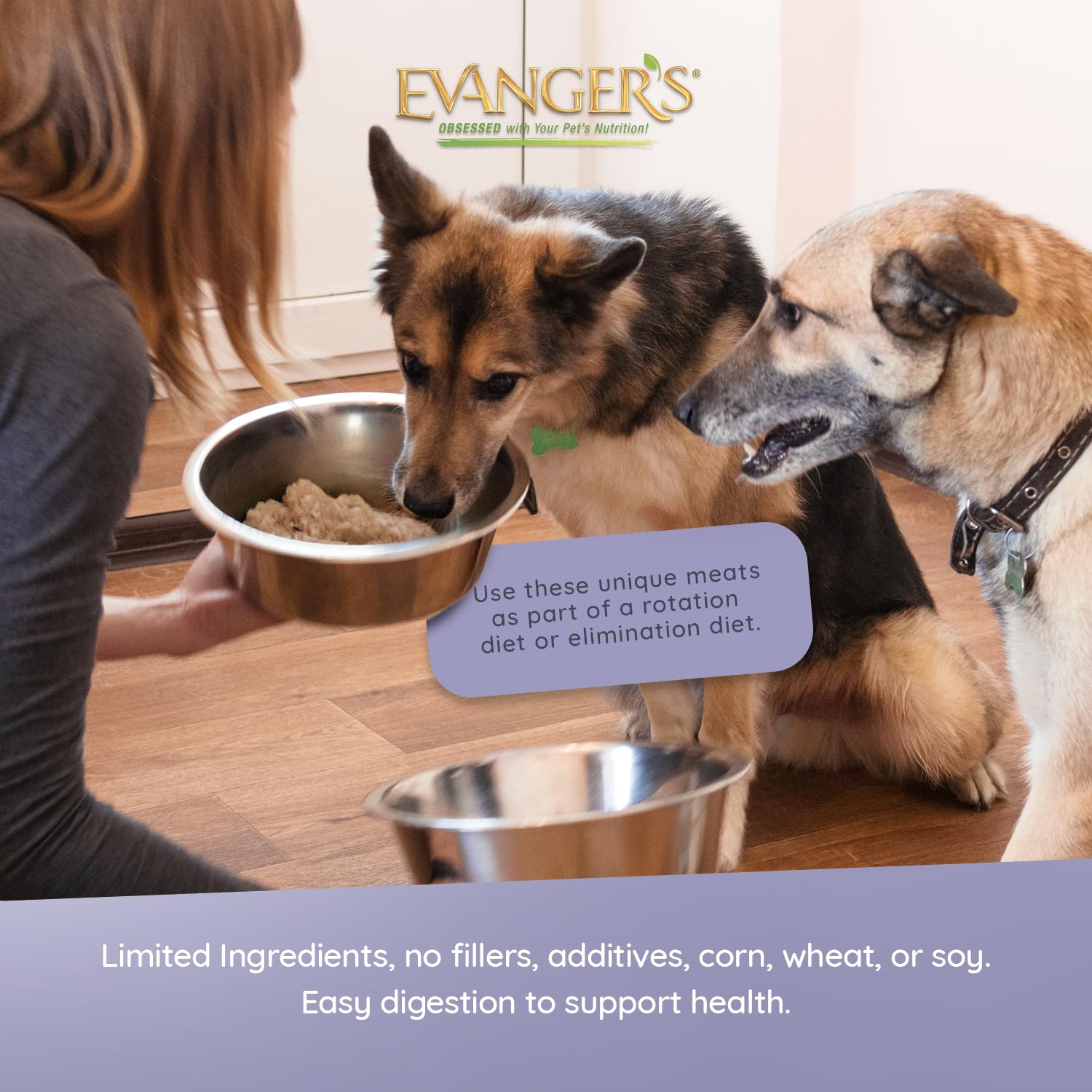 Evanger's Complements Rabbit ingredient label emphasizes a clean, grain-free recipe.