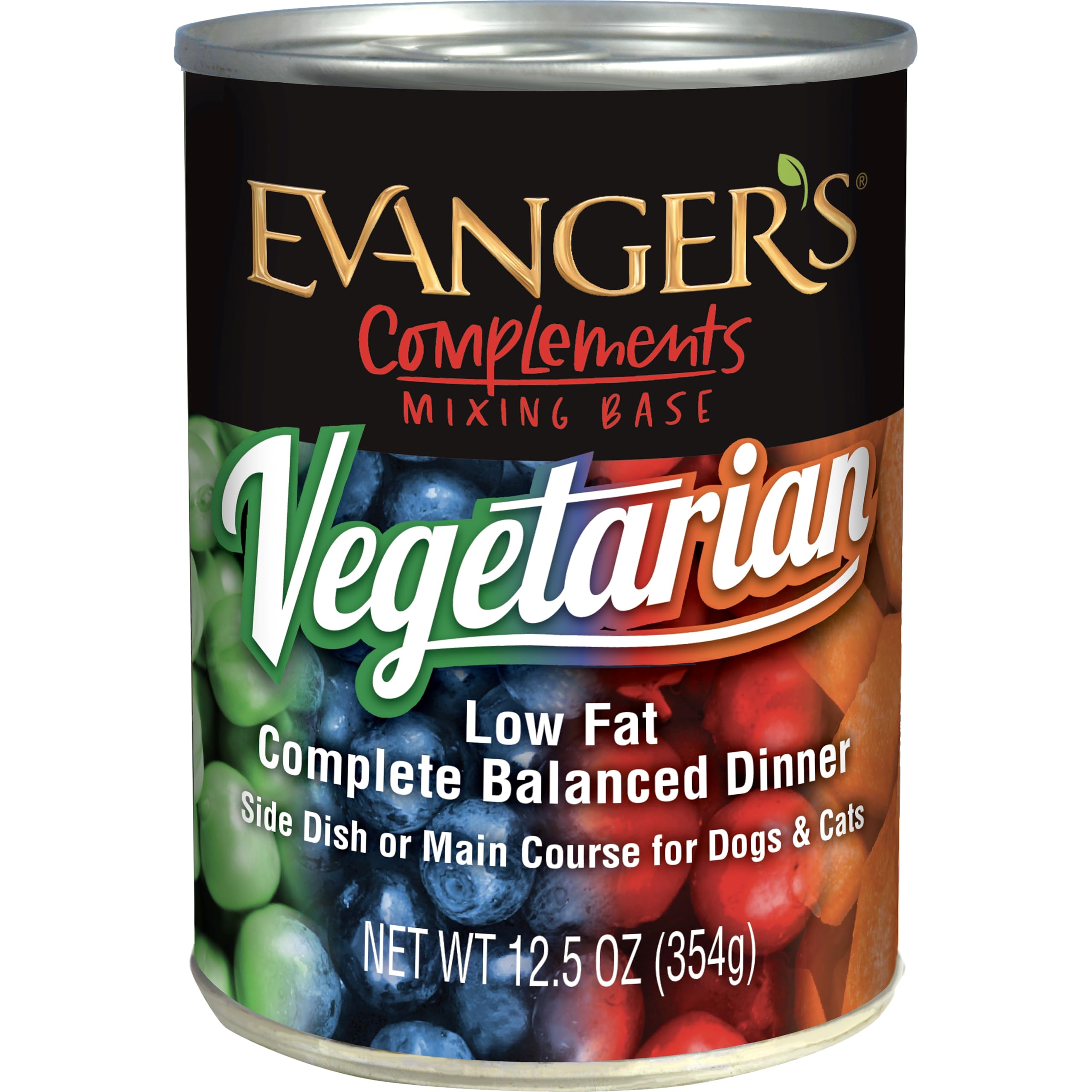 Evanger's Complements Vegetarian Dinner serving bowl shows plant-based nutrition for pets