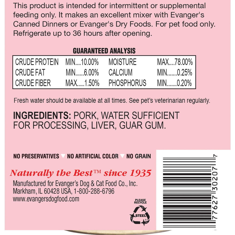 Serving bowl with Evanger's grain-free pork complements for a complete meal.