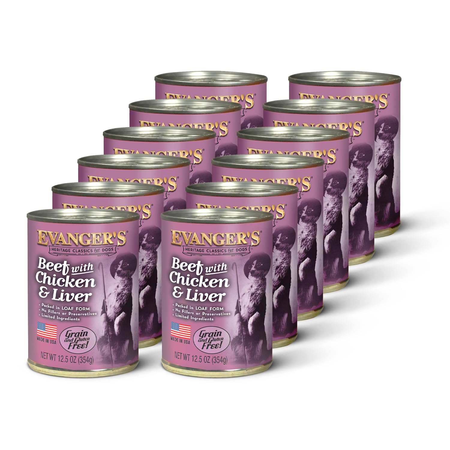 Evanger's Heritage Classic beef-chicken-liver can, moisture-rich wet dog food for easy serving