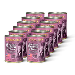 Evanger's Heritage Classic beef-chicken-liver can, moisture-rich wet dog food for easy serving