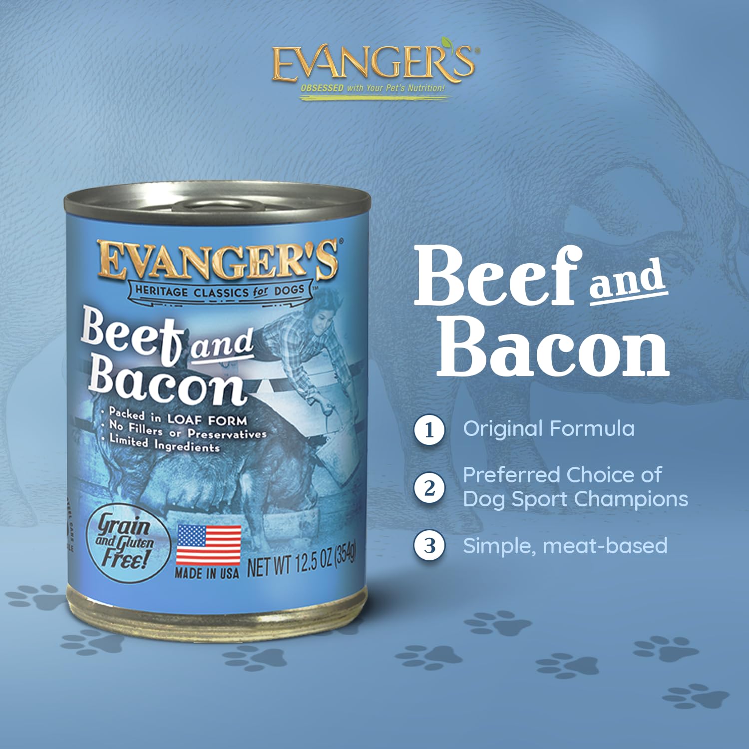 Close-up of Evanger's Heritage Classics Beef & Bacon loaf texture with real meat pieces.