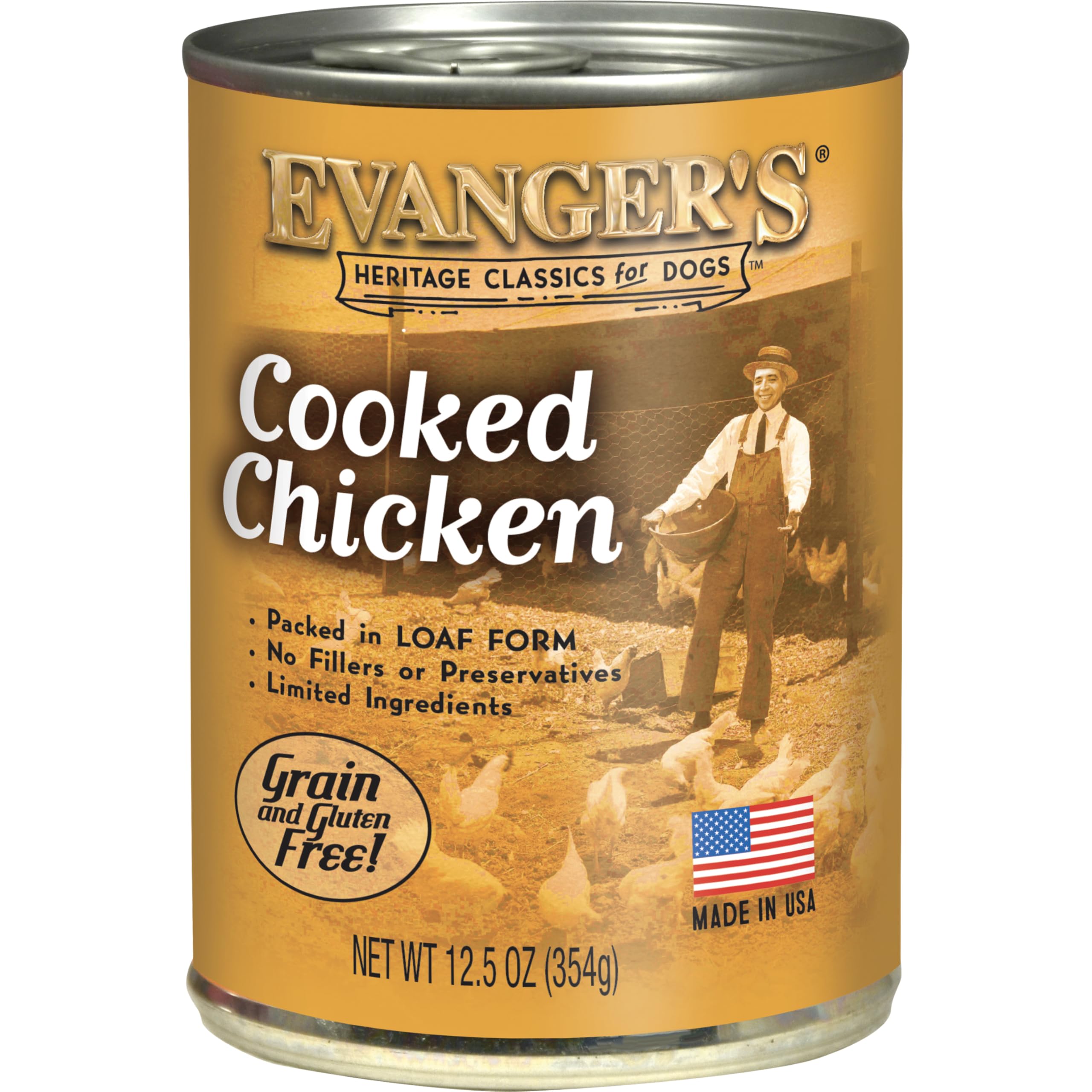 Evanger's Heritage cooked chicken can close-up showing protein-forward meal for dogs of all sizes