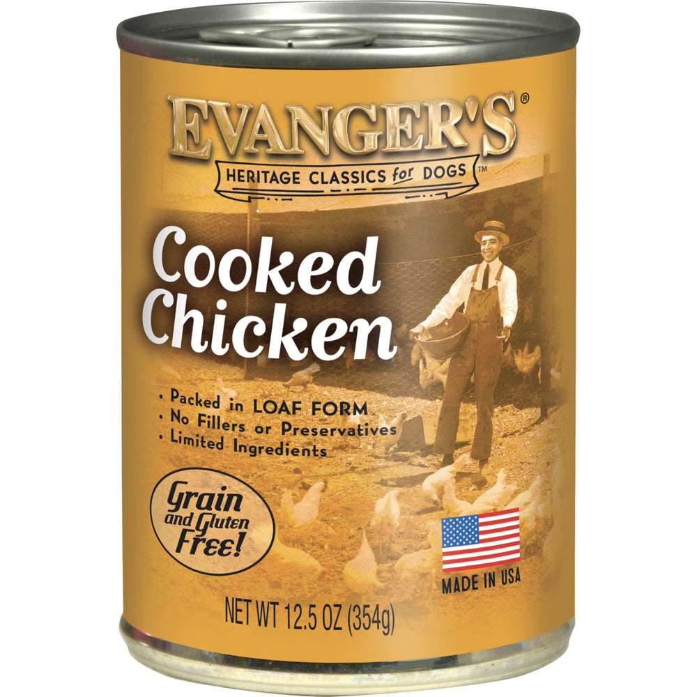 Evanger's Heritage cooked chicken can close-up showing protein-forward meal for dogs of all sizes