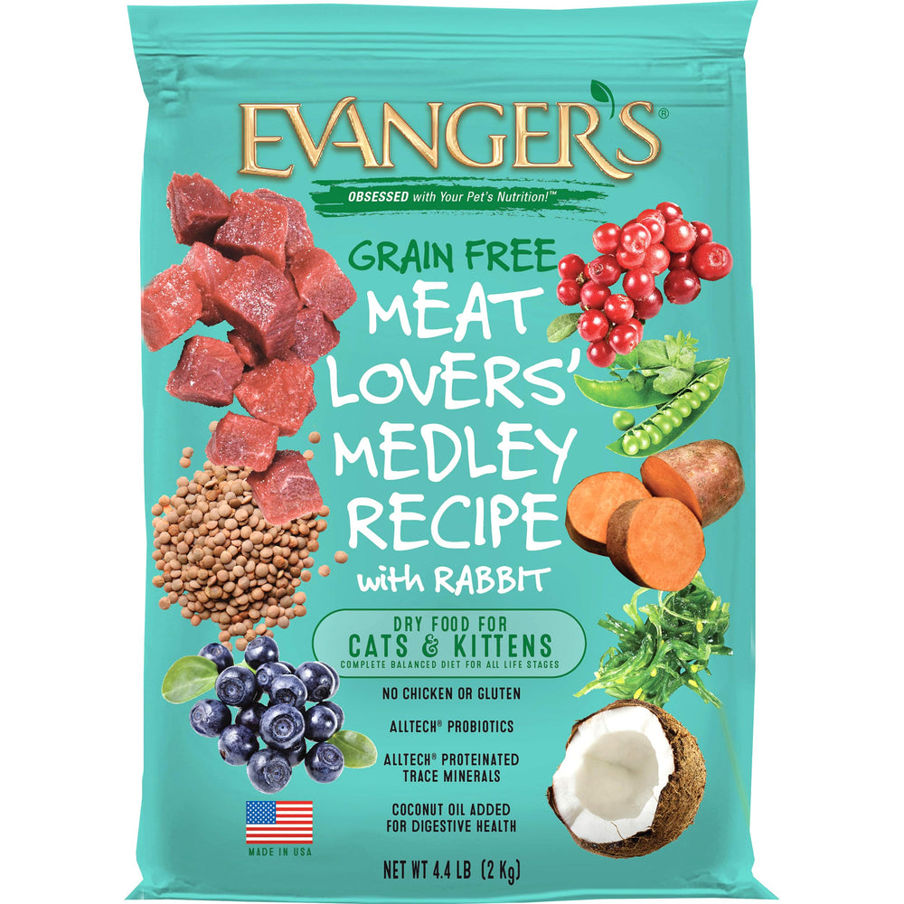 Evanger's Meat Lover's Medley packaging shows a 4.4 lb bag for easy storage.