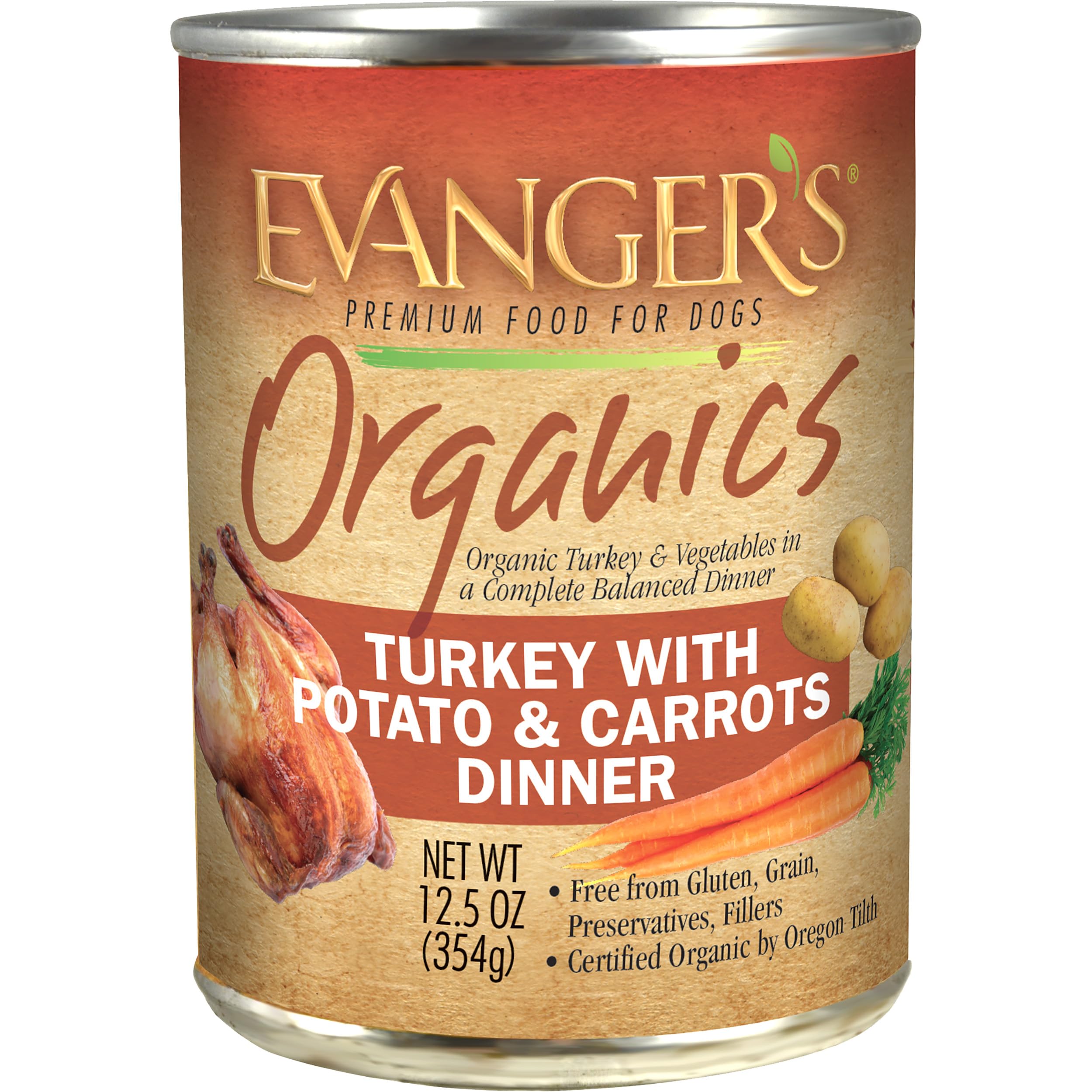 Evanger's Organic Turkey Dinner 12-pack front label showing convenient all-in-one meal