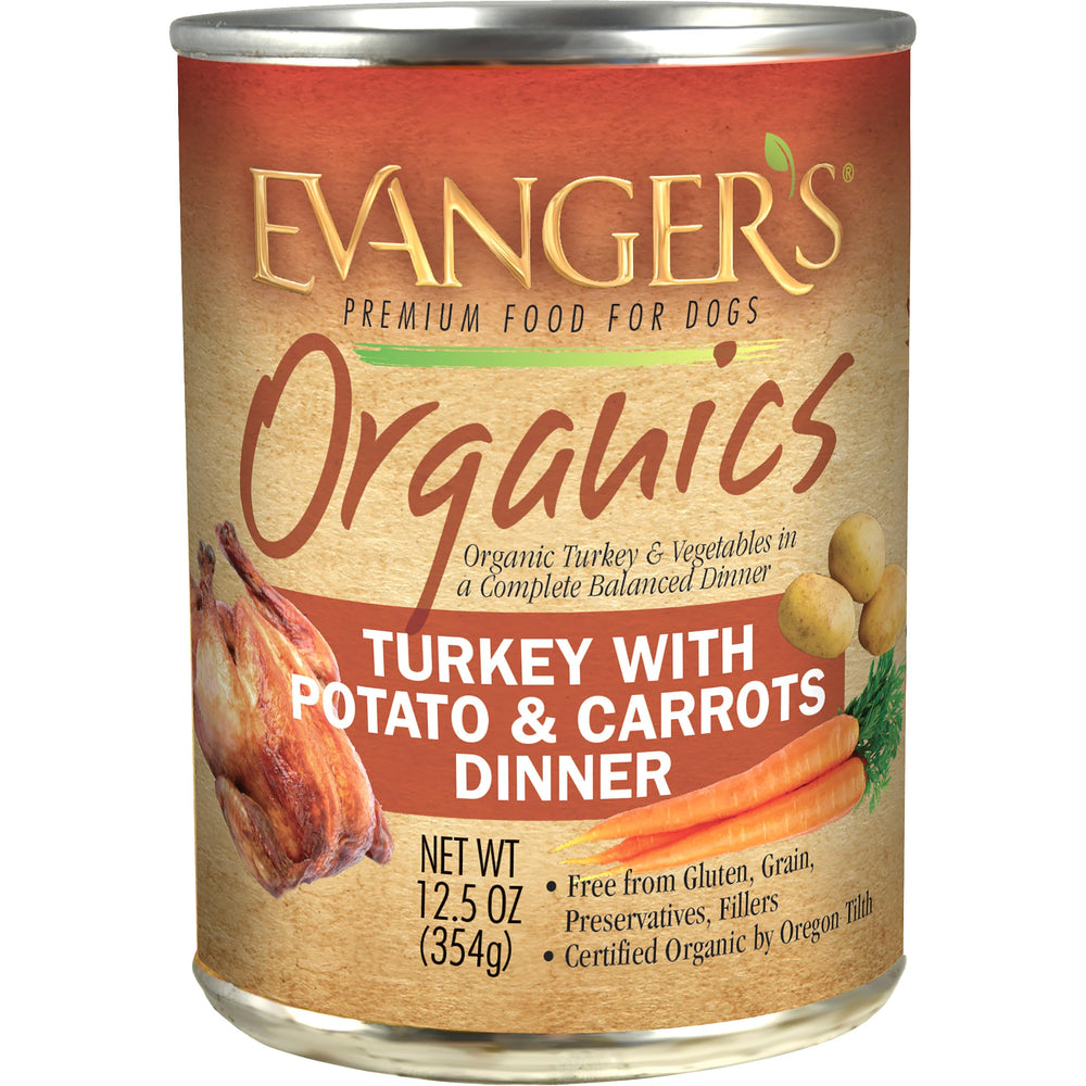 Evanger's Organic Turkey Dinner 12-pack front label showing convenient all-in-one meal
