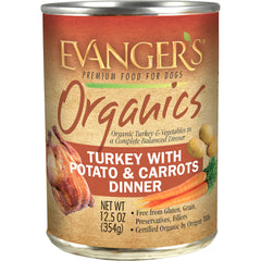 Evanger's Organic Turkey Dinner 12-pack front label showing convenient all-in-one meal