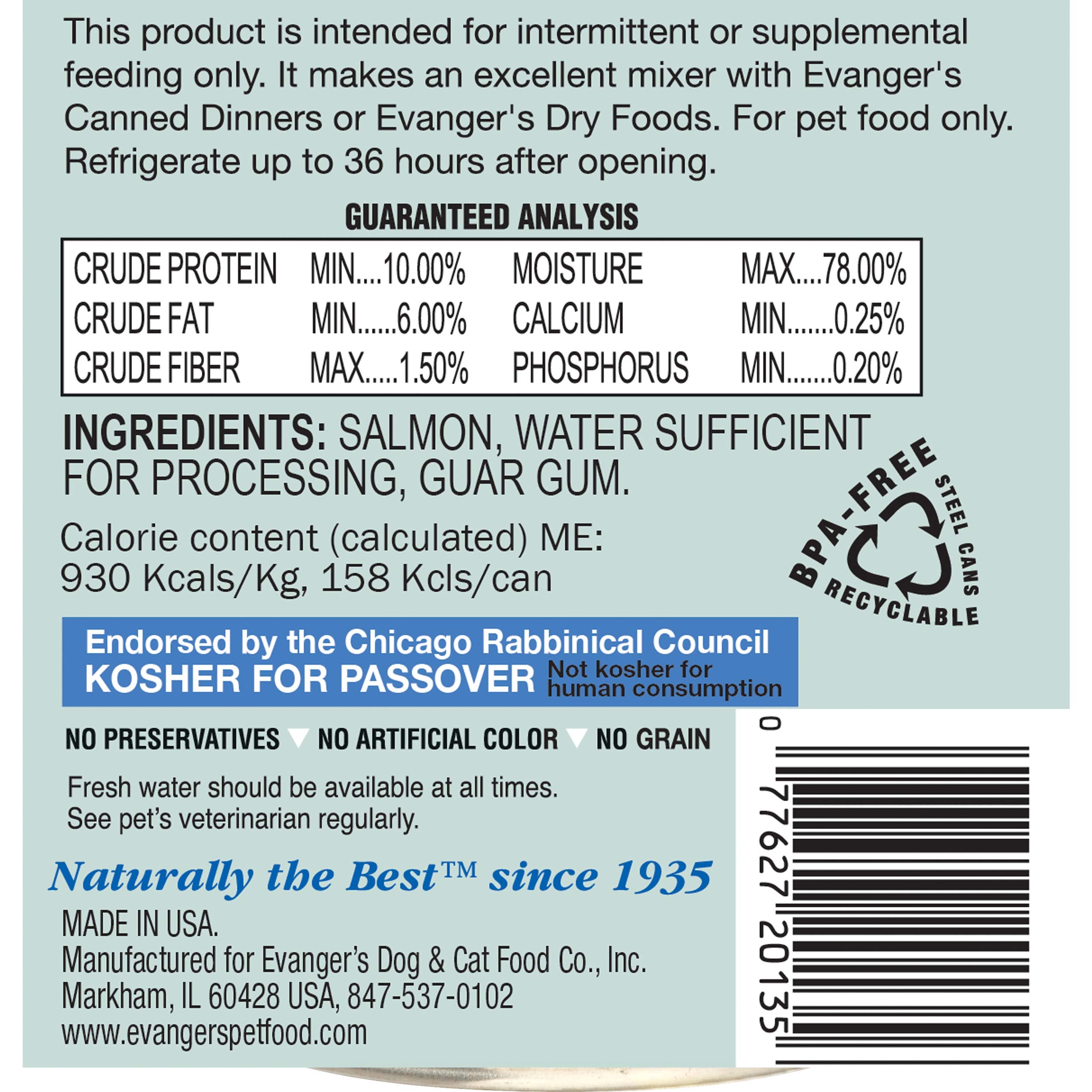 Evanger's Salmon Complements label highlights single-protein omega-rich nutrition