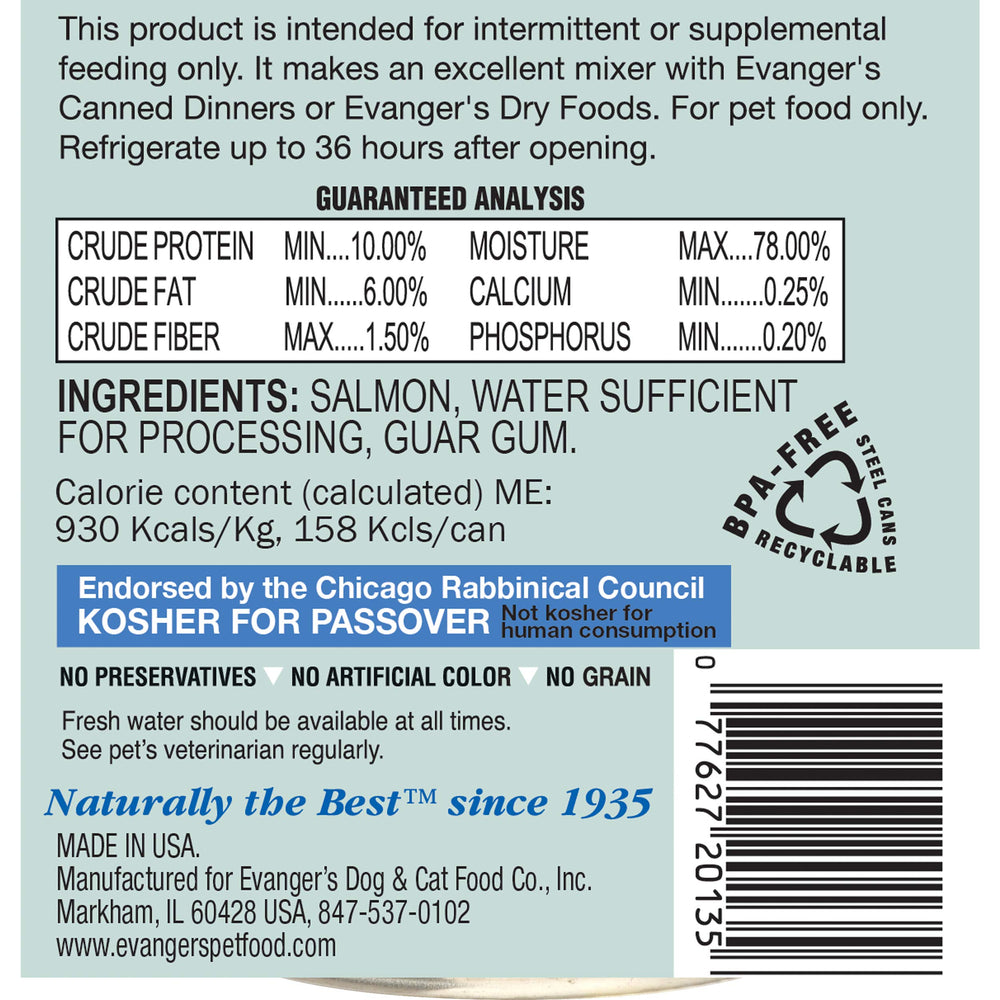 Evanger's Salmon Complements label highlights single-protein omega-rich nutrition
