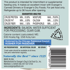 Evanger's Salmon Complements label highlights single-protein omega-rich nutrition