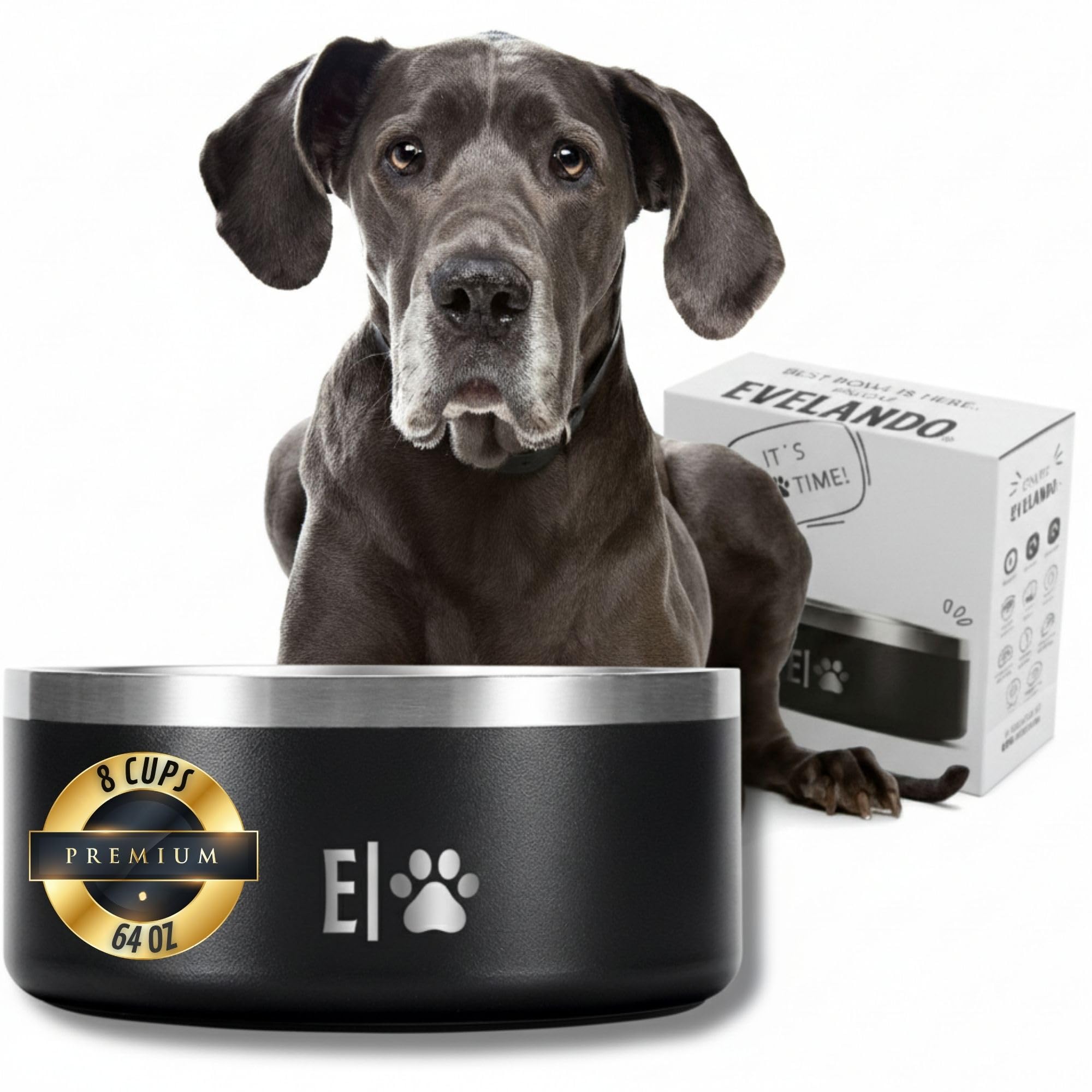 EVELANDO 64oz dog bowl front view highlighting ample capacity for large dogs.