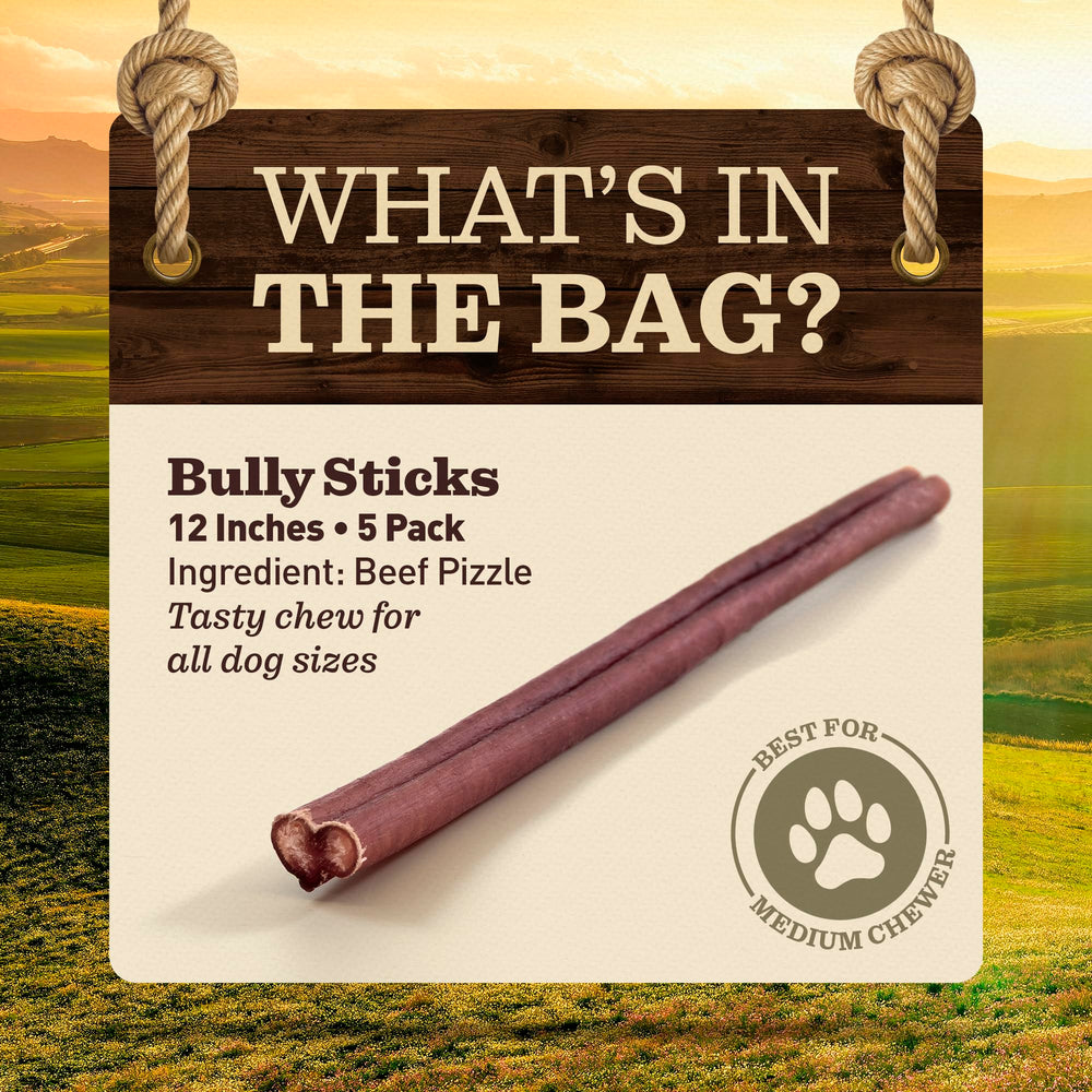 Ever Farm bully stick 12in closeup beef texture highlights natural protein and chew durability.