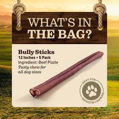 Ever Farm bully stick 12in closeup beef texture highlights natural protein and chew durability.