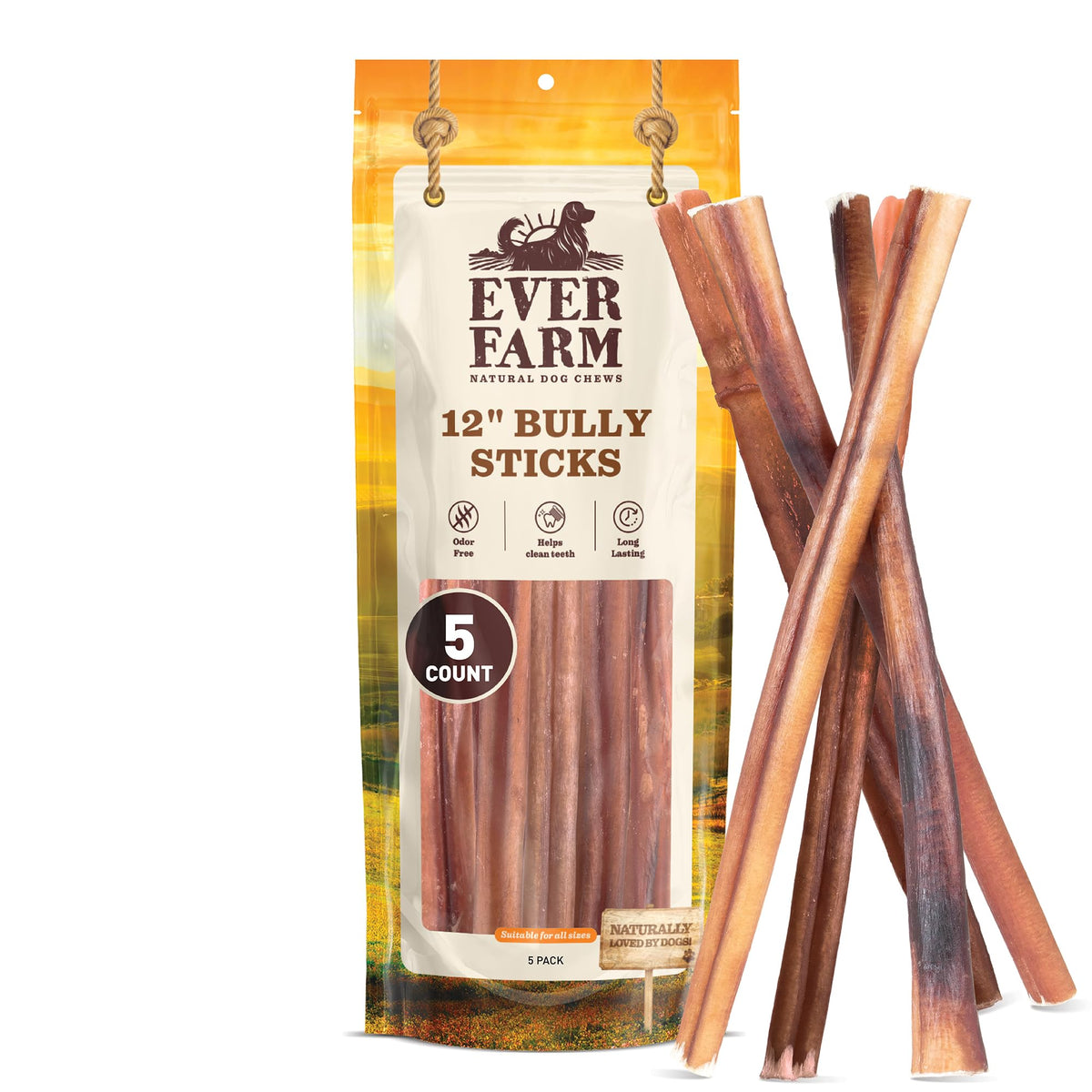 Ever Farm bully sticks 12in pack display offers bulk value and long-lasting dog chews.