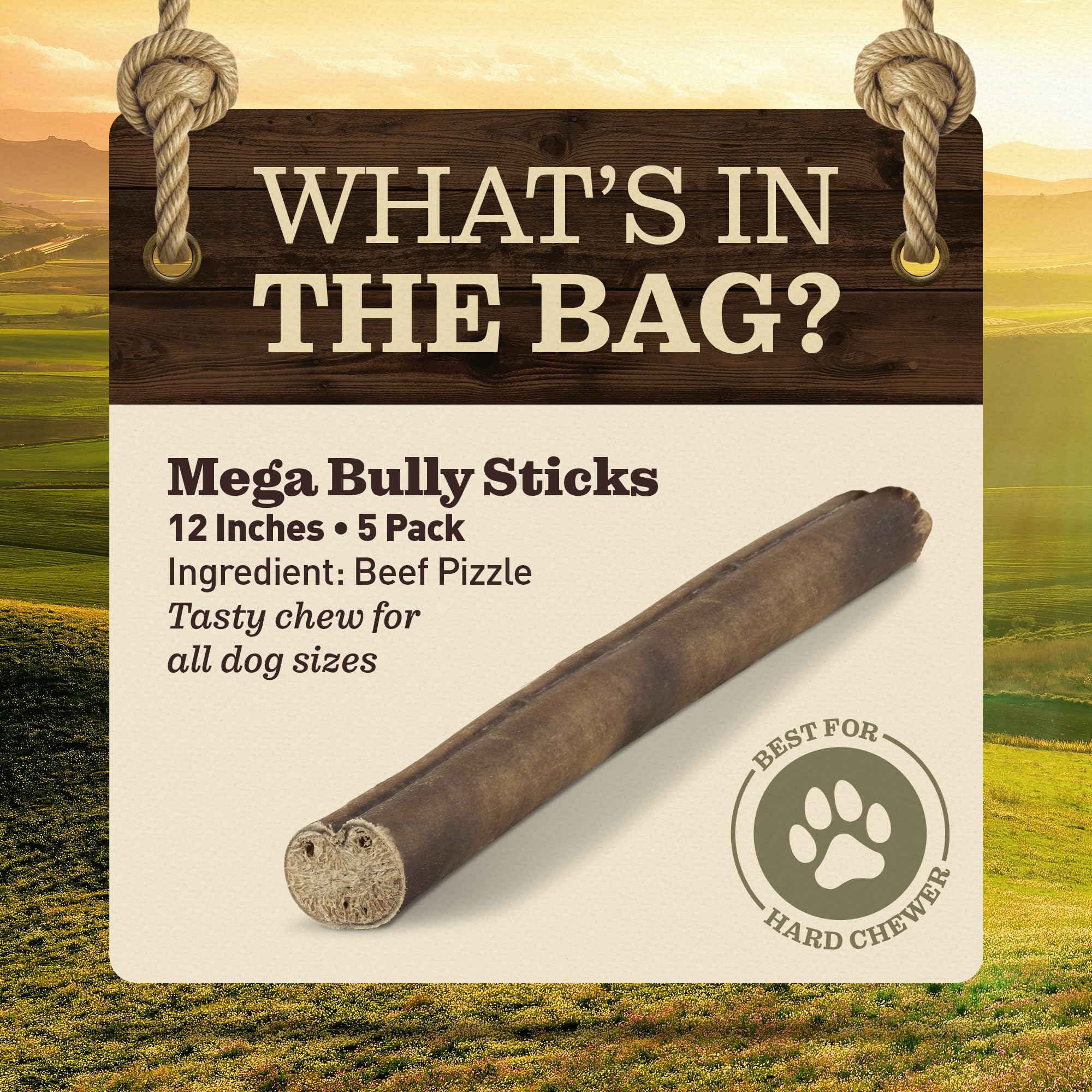 EVER FARM Mega Bully Sticks close-up shows 100% beef texture.