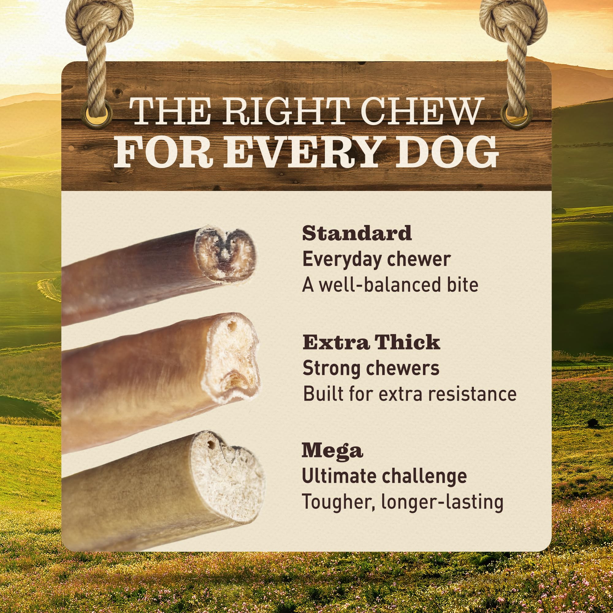 EVER FARM Mega Bully Sticks packaging emphasizes hormone-free, chemical-free nutrition.
