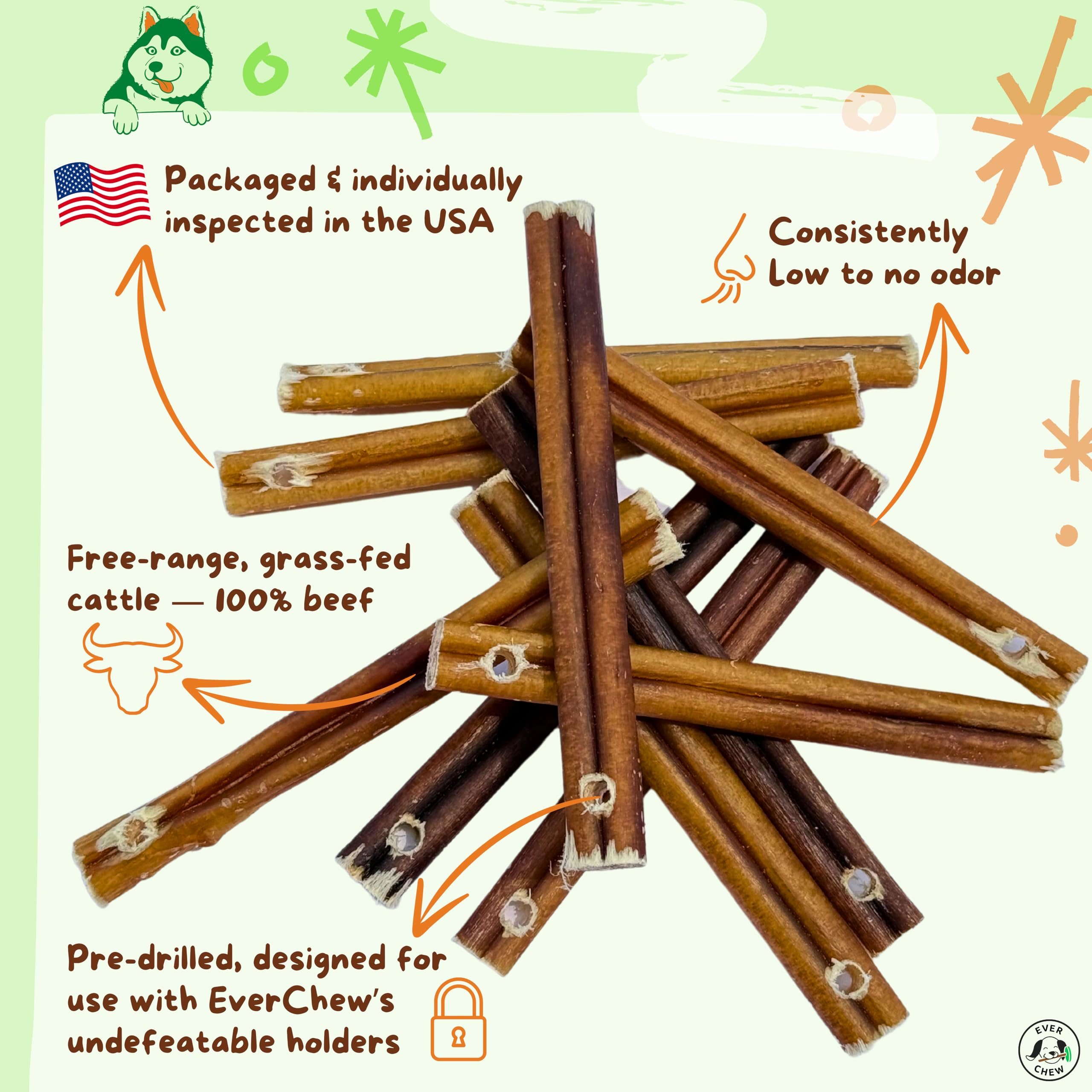 EverChew 6in bully-stick refill closeup texture highlighting meat-rich surface for palatable chewing.