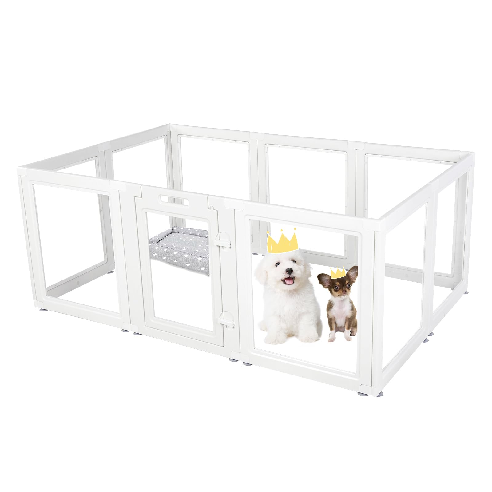 Everfront clear acrylic dog playpen assembled for easy setup using tool-free snap-in buckles.