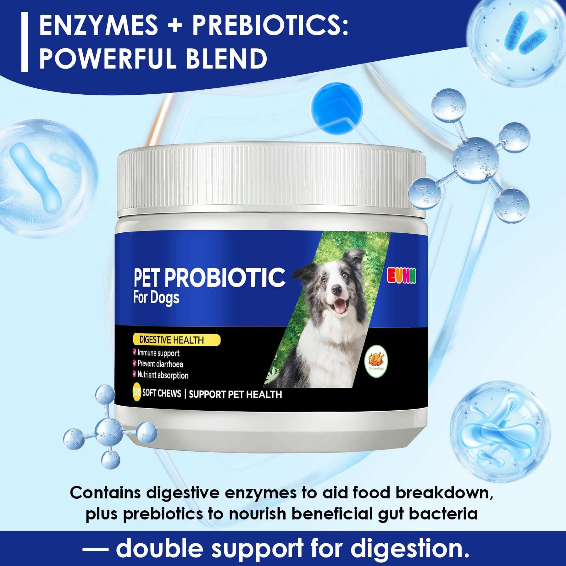 EVHH chicken-flavor probiotic chews shown as tasty daily supplement.