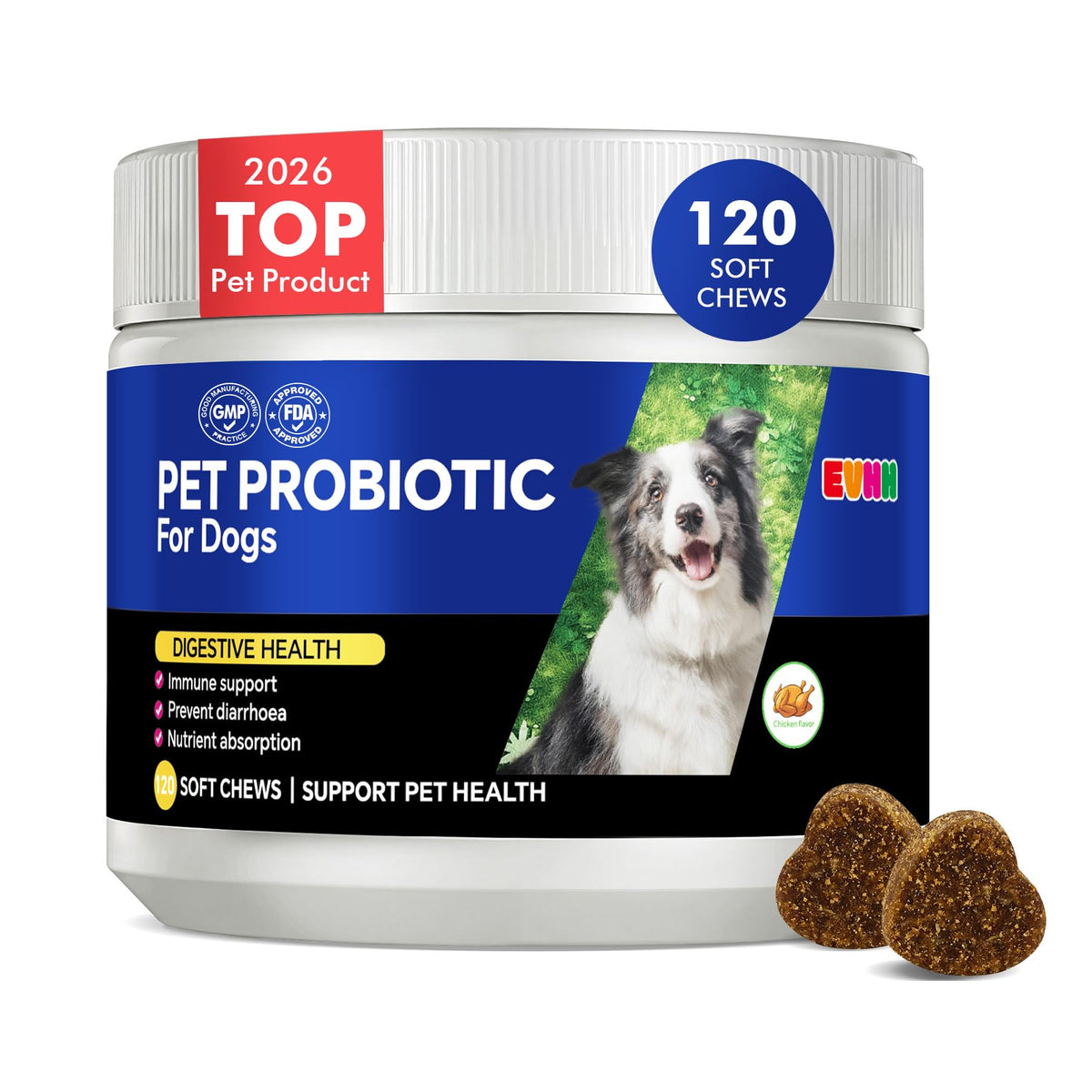 EVHH Probiotics for Dogs with Digestive Enzymes bottle for daily gut support.
