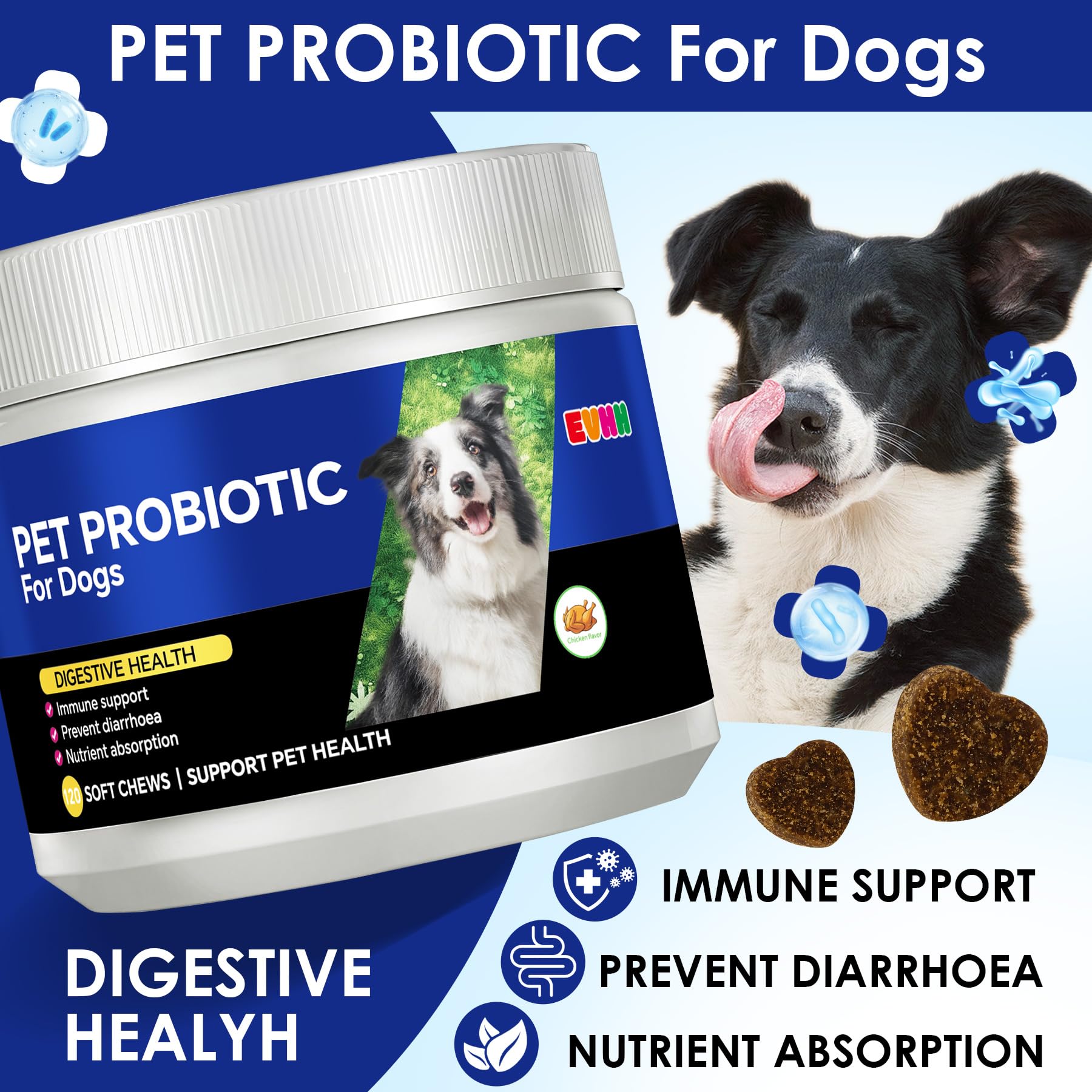 EVHH Probiotics for Dogs with Prebiotics jar highlights gut balance support.