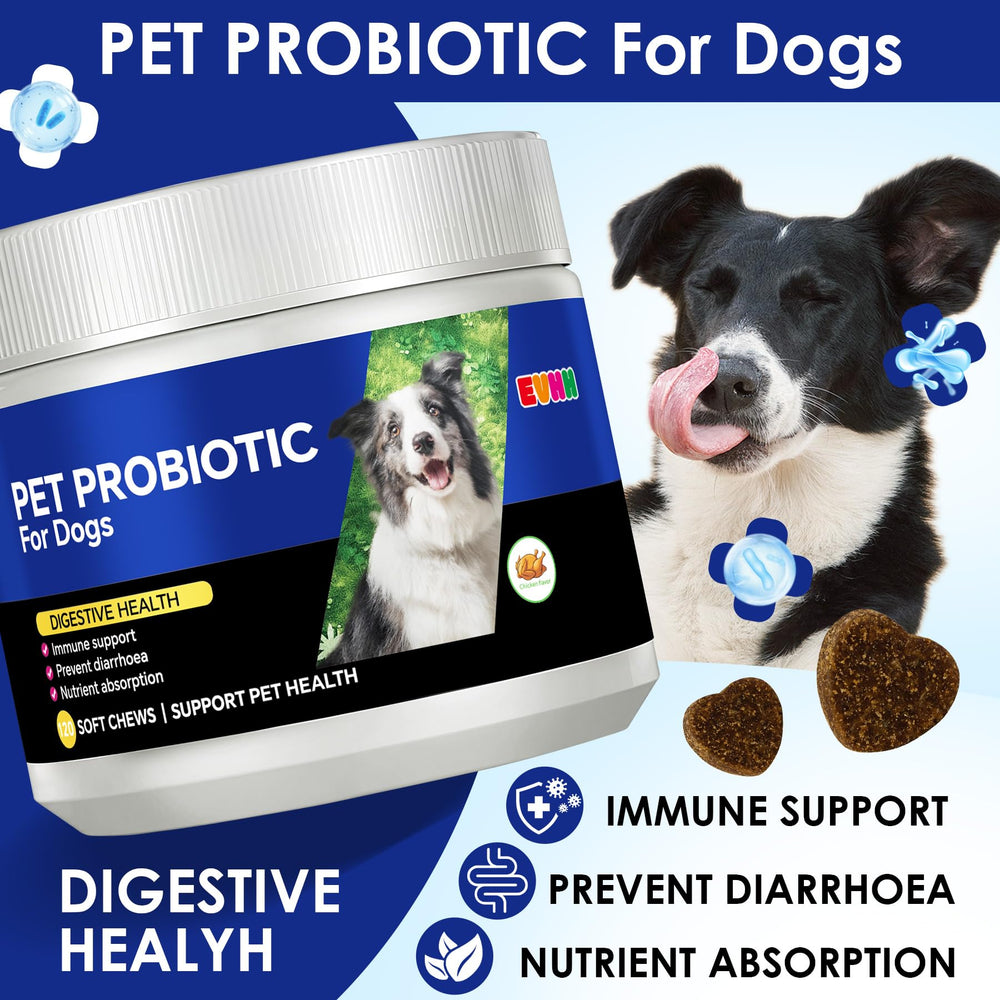 EVHH Probiotics for Dogs with Prebiotics jar highlights gut balance support.