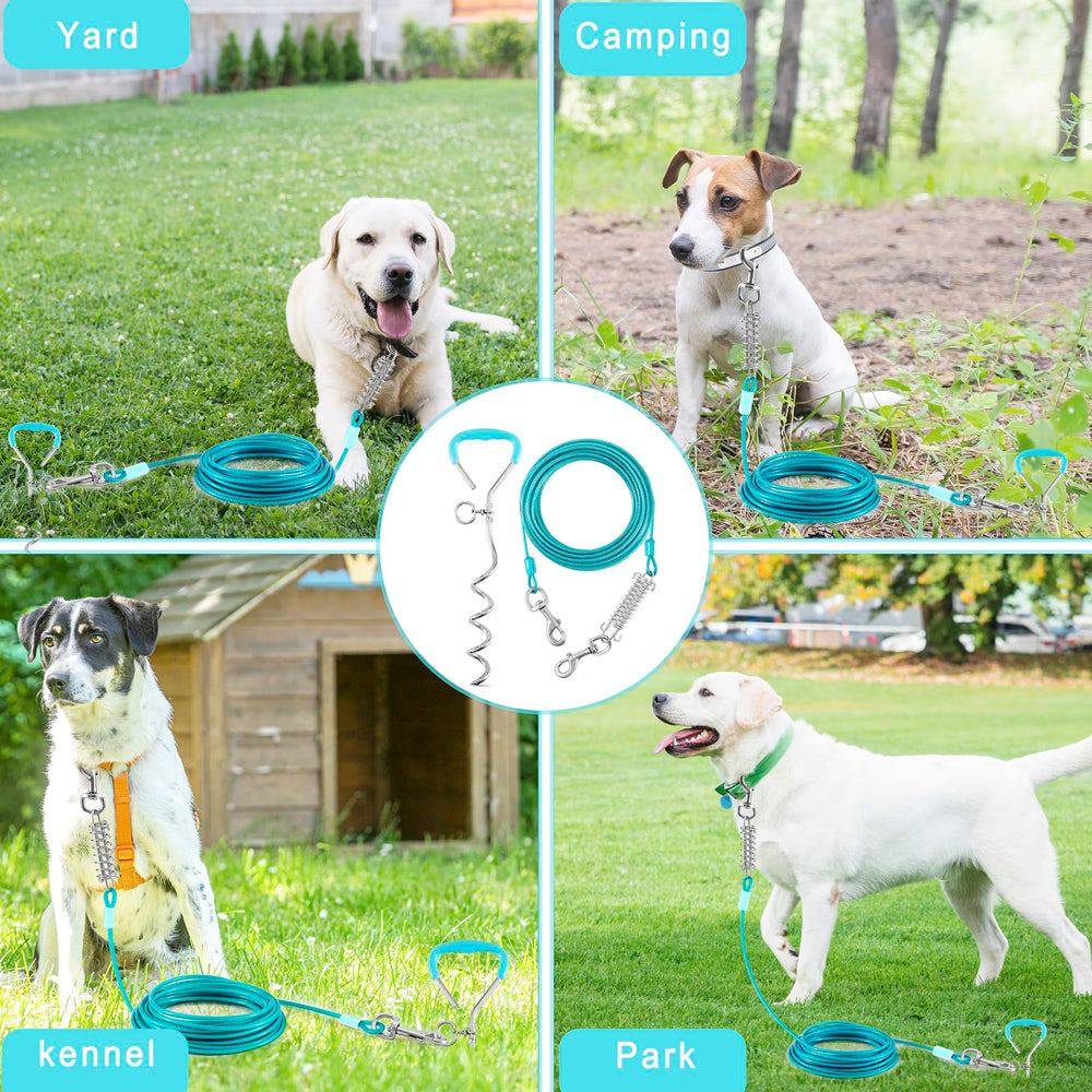 Evilplan teal handle stake system helps easily secure your dog outdoors.
