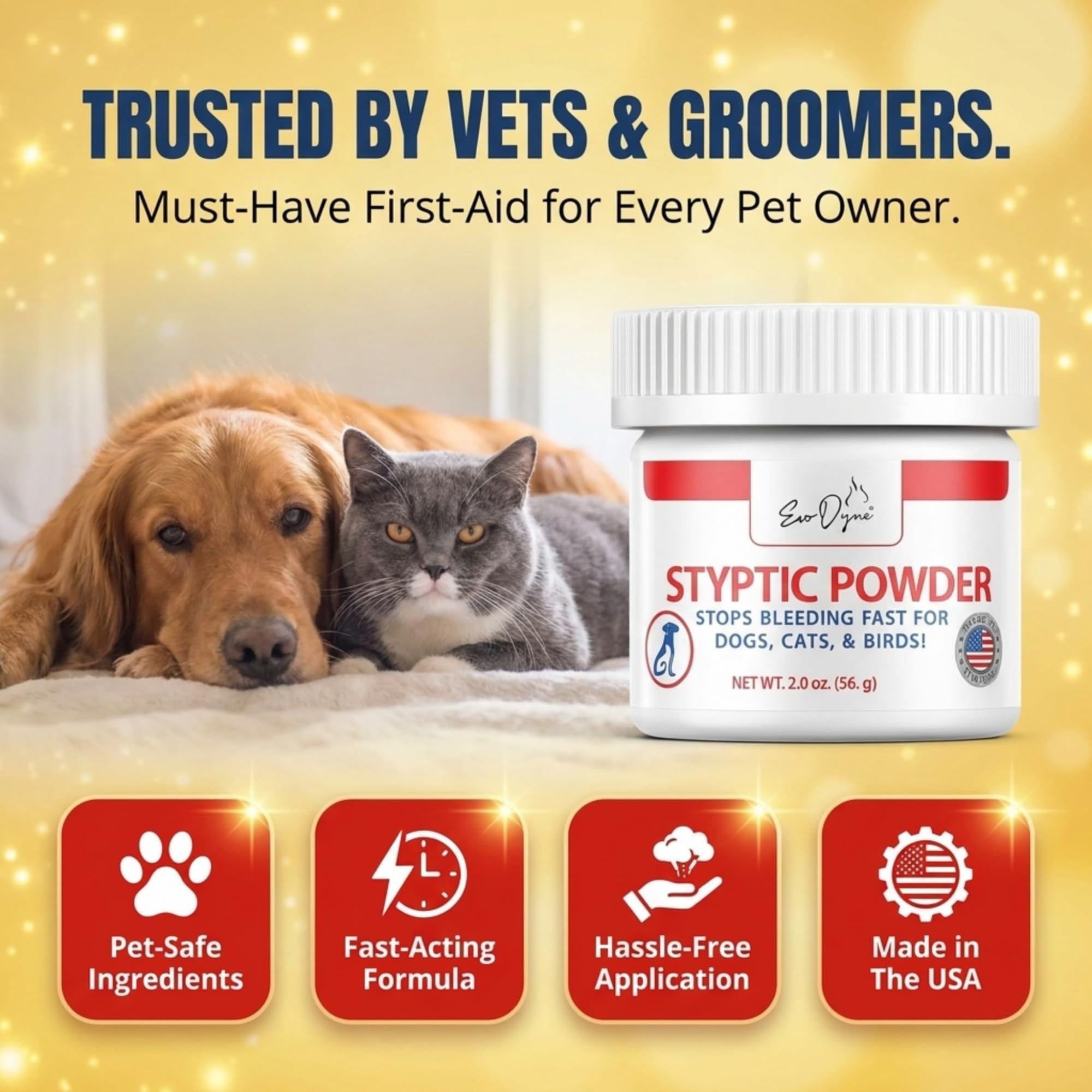 Evo Dyne Styptic Powder 2oz-container for easy storage and quick access.
