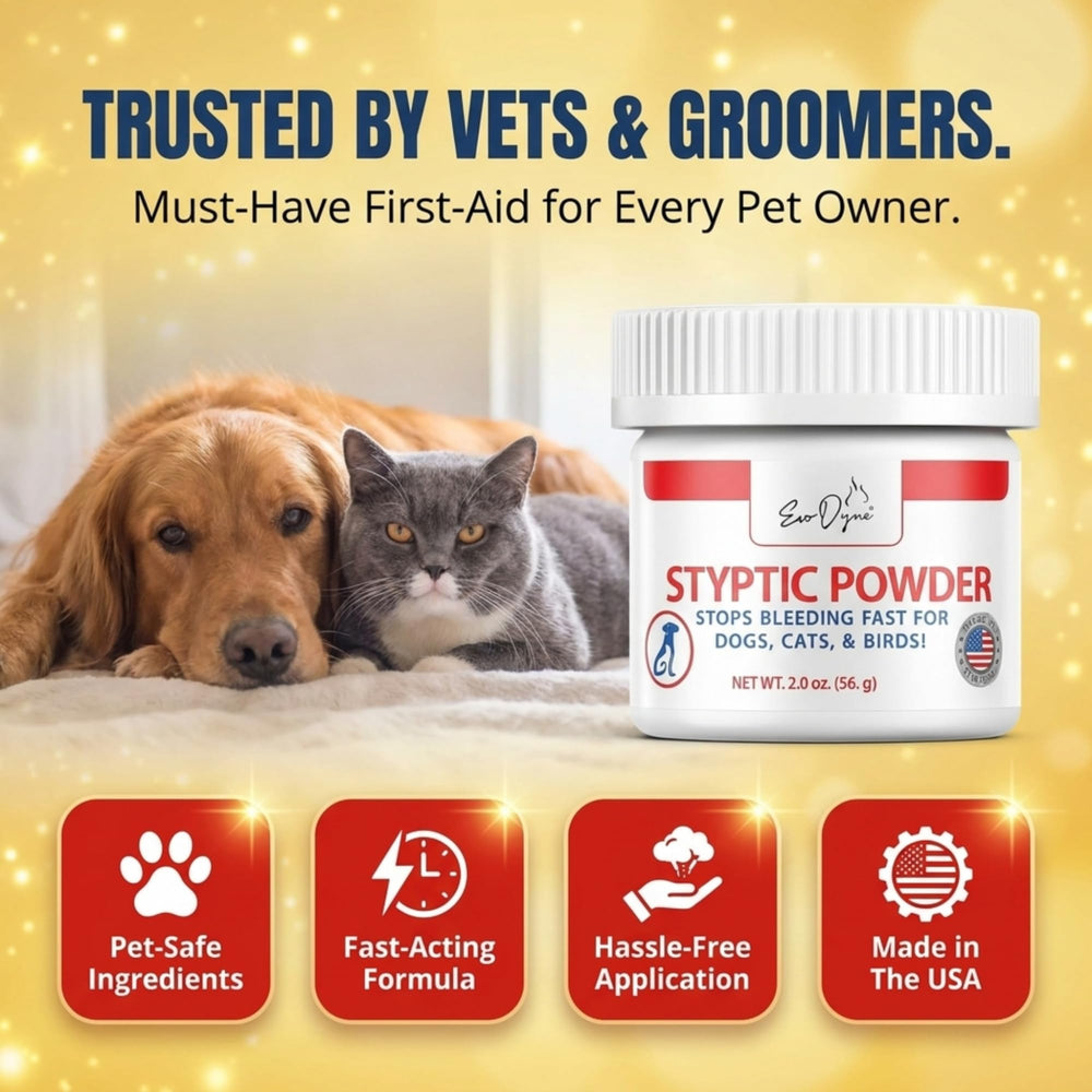 Evo Dyne Styptic Powder 2oz-container for easy storage and quick access.