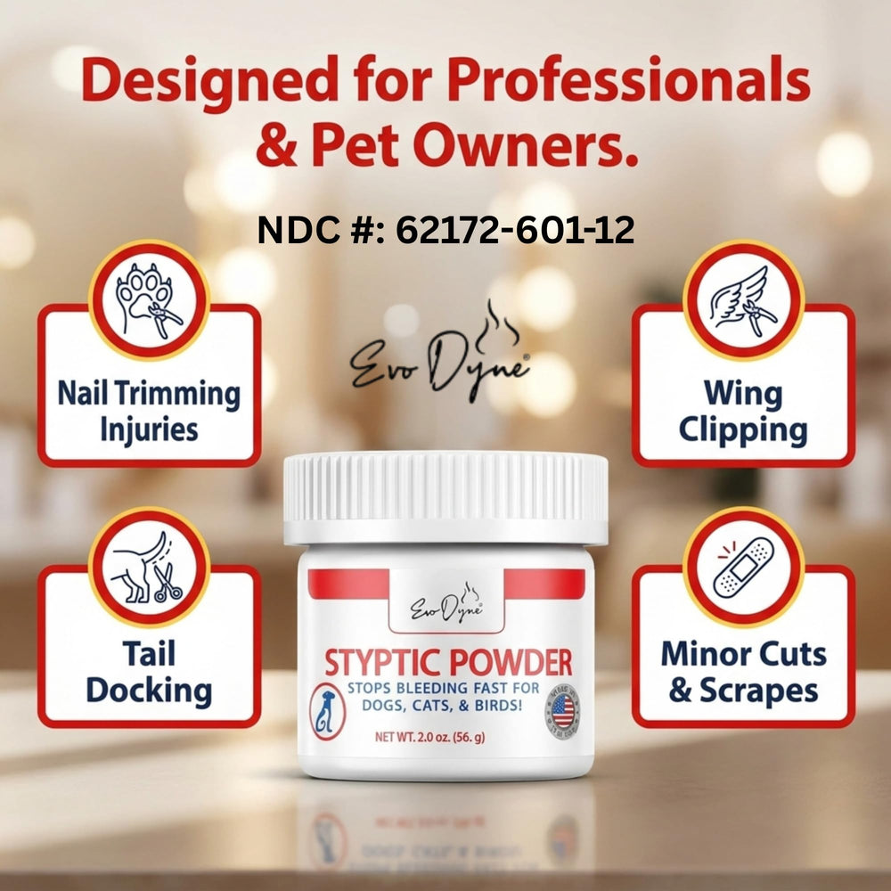 Evo Dyne Styptic Powder bird-wings clipping supports fast clotting for wing care.