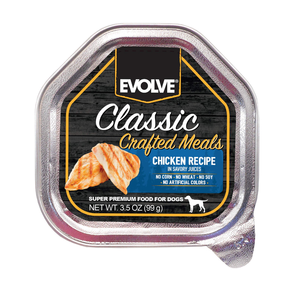 Evolve Classic Crafted Meals Chicken Recipe dog food can close-up showing protein-rich nutrition