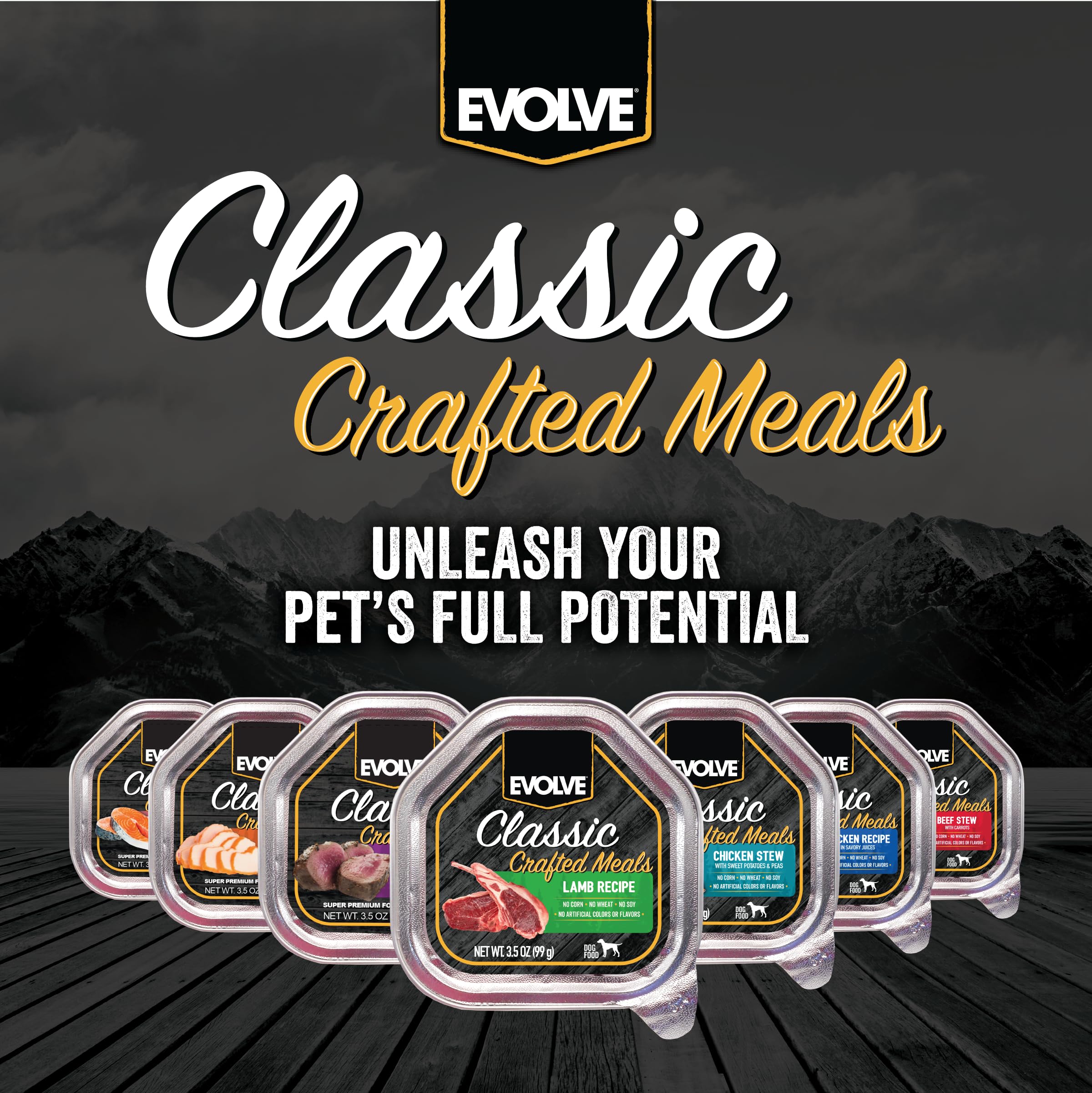 Happy dog enjoys Evolve Classic Lamb Wet Dog Food at dinner.