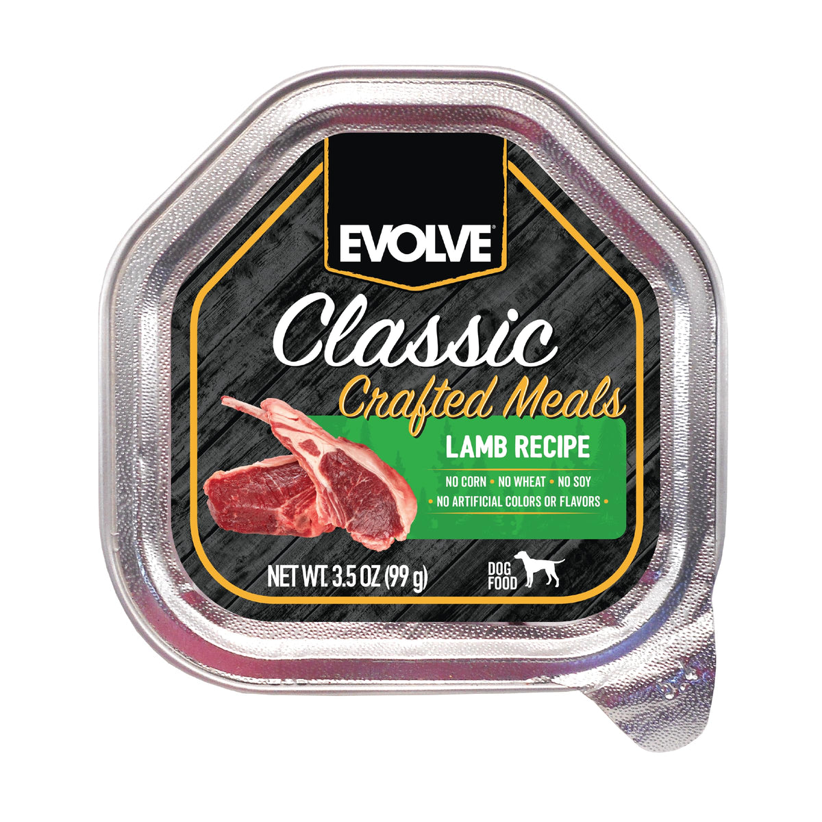 Evolve Classic Lamb Wet Dog Food packaging highlights wholesome ingredients for small dogs.