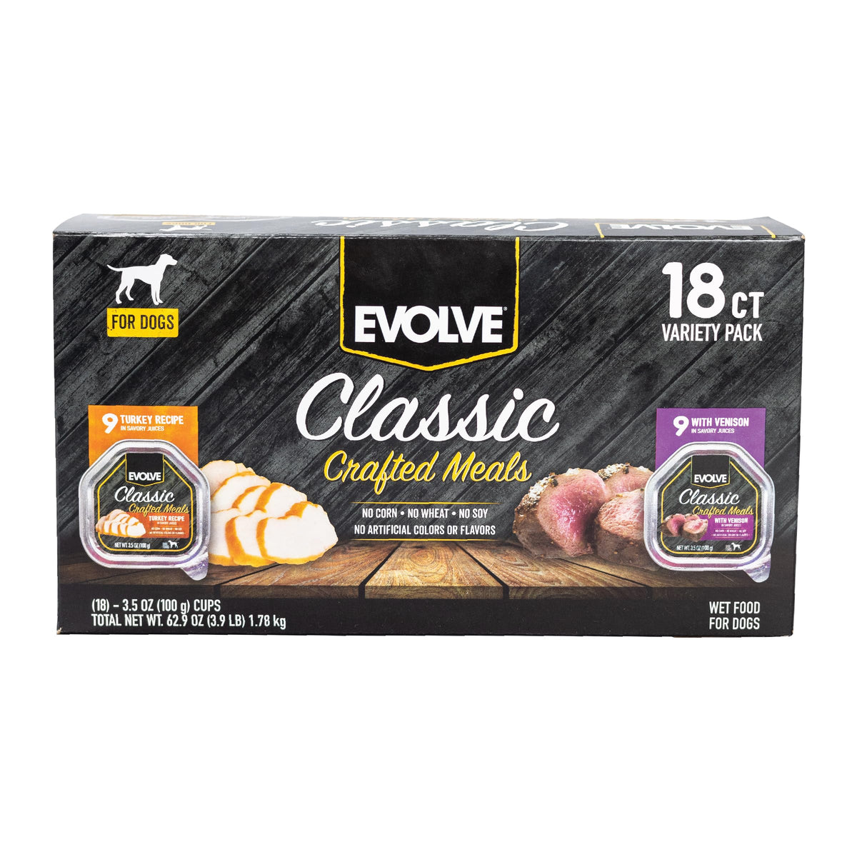 Evolve Classic Meals turkey-recipe wet dog food in bowl boosts palatability for small dogs.