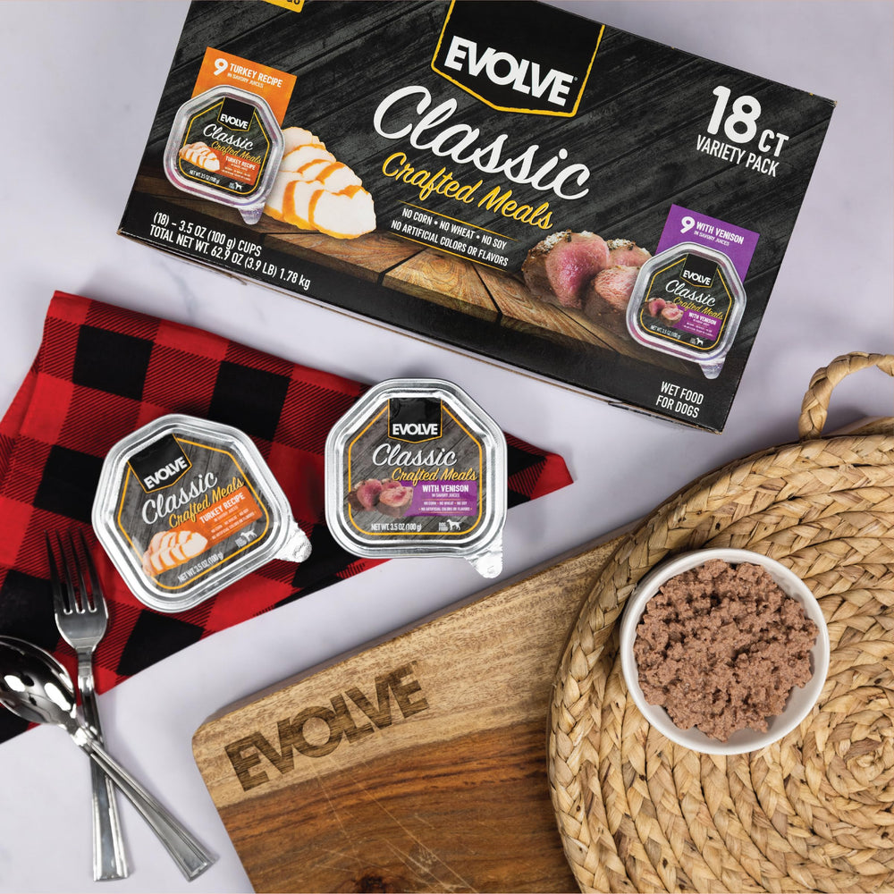 Evolve Classic Meals variety-pack bags arranged for easy meal selection.