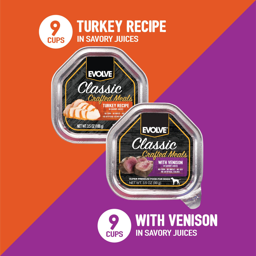 Evolve Classic Meals venison-wet dog food close-up shows tender texture and aroma.