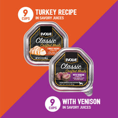 Evolve Classic Meals venison-wet dog food close-up shows tender texture and aroma.