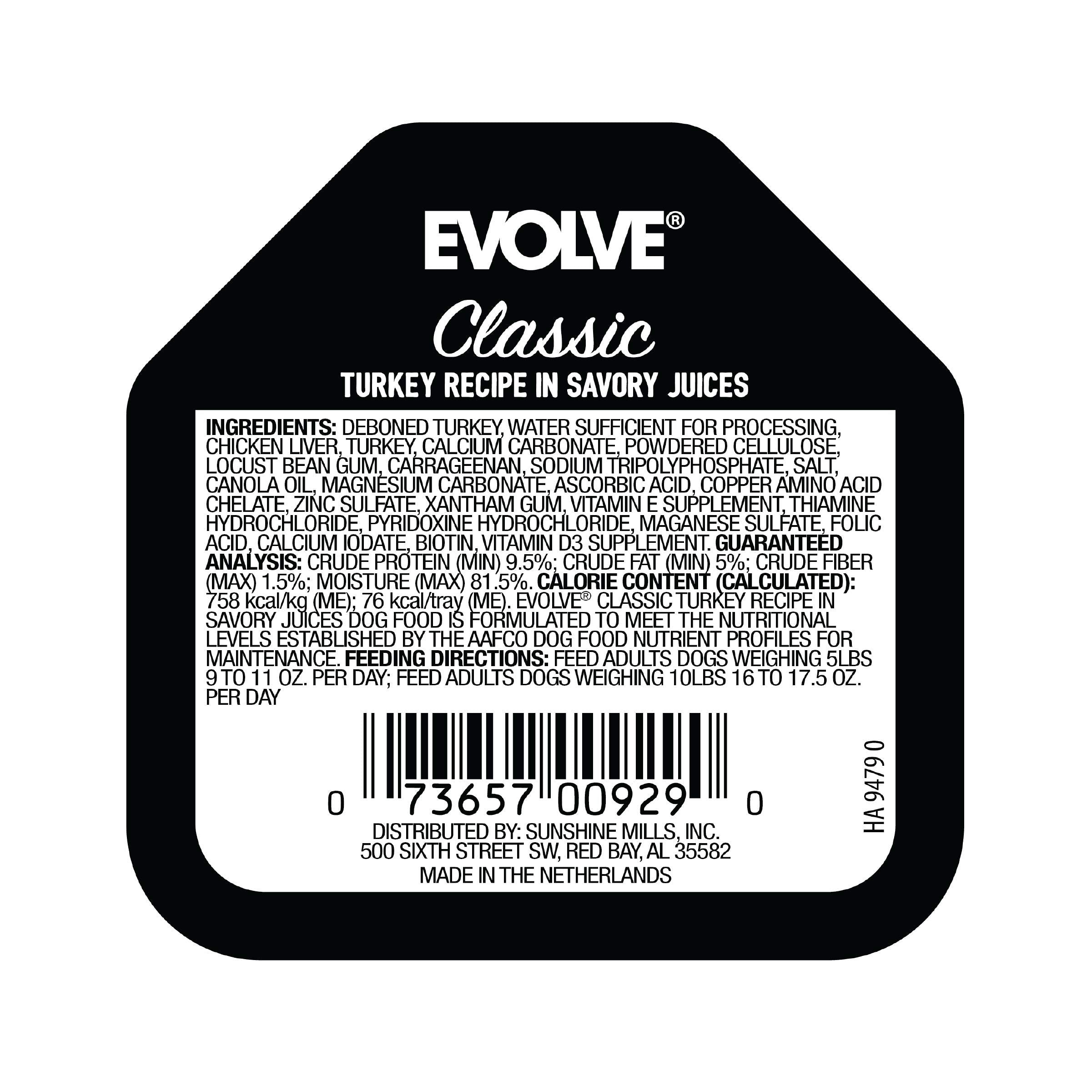 Evolve Classic Turkey Recipe dog food can with savory broth appeals to dogs