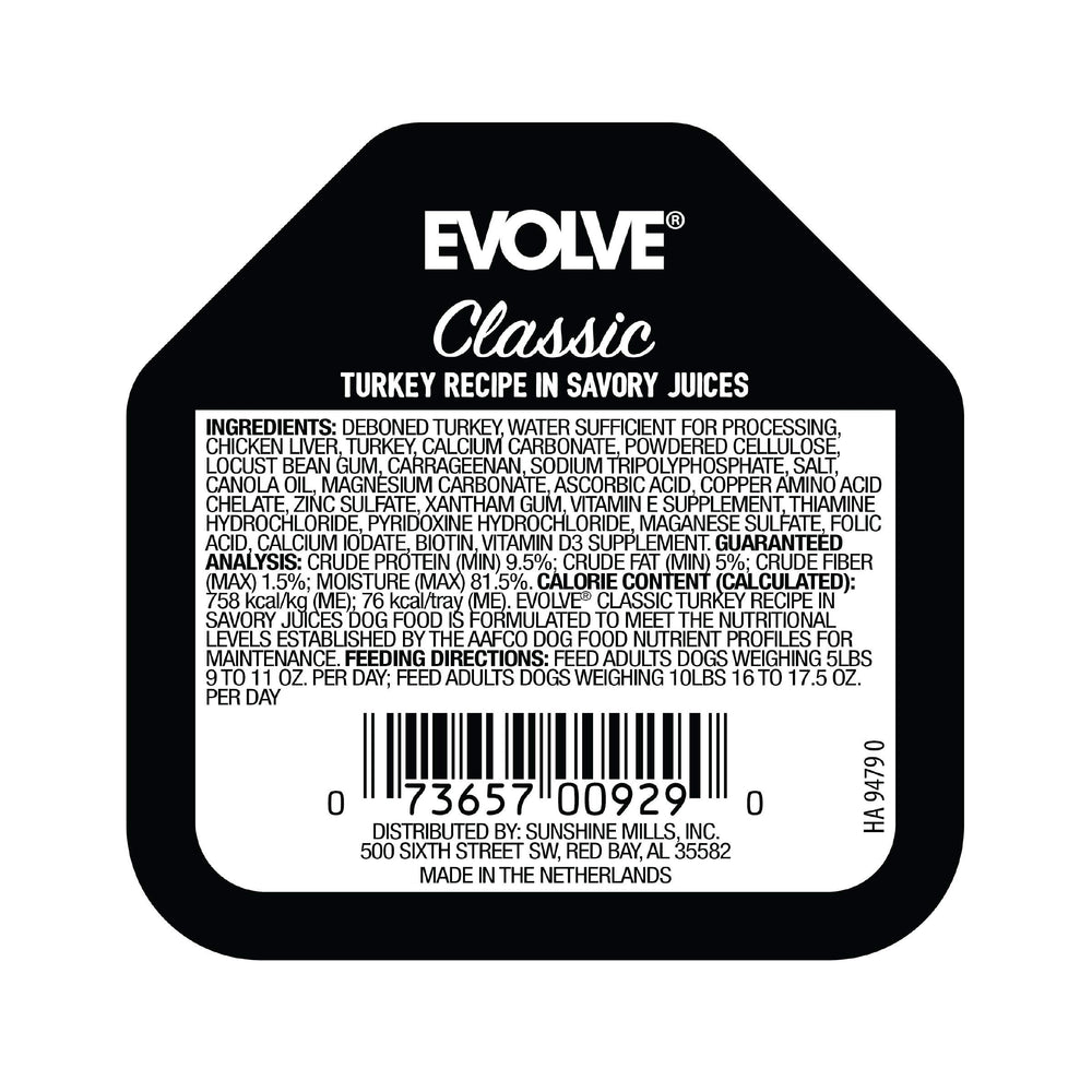 Evolve Classic Turkey Recipe dog food can with savory broth appeals to dogs