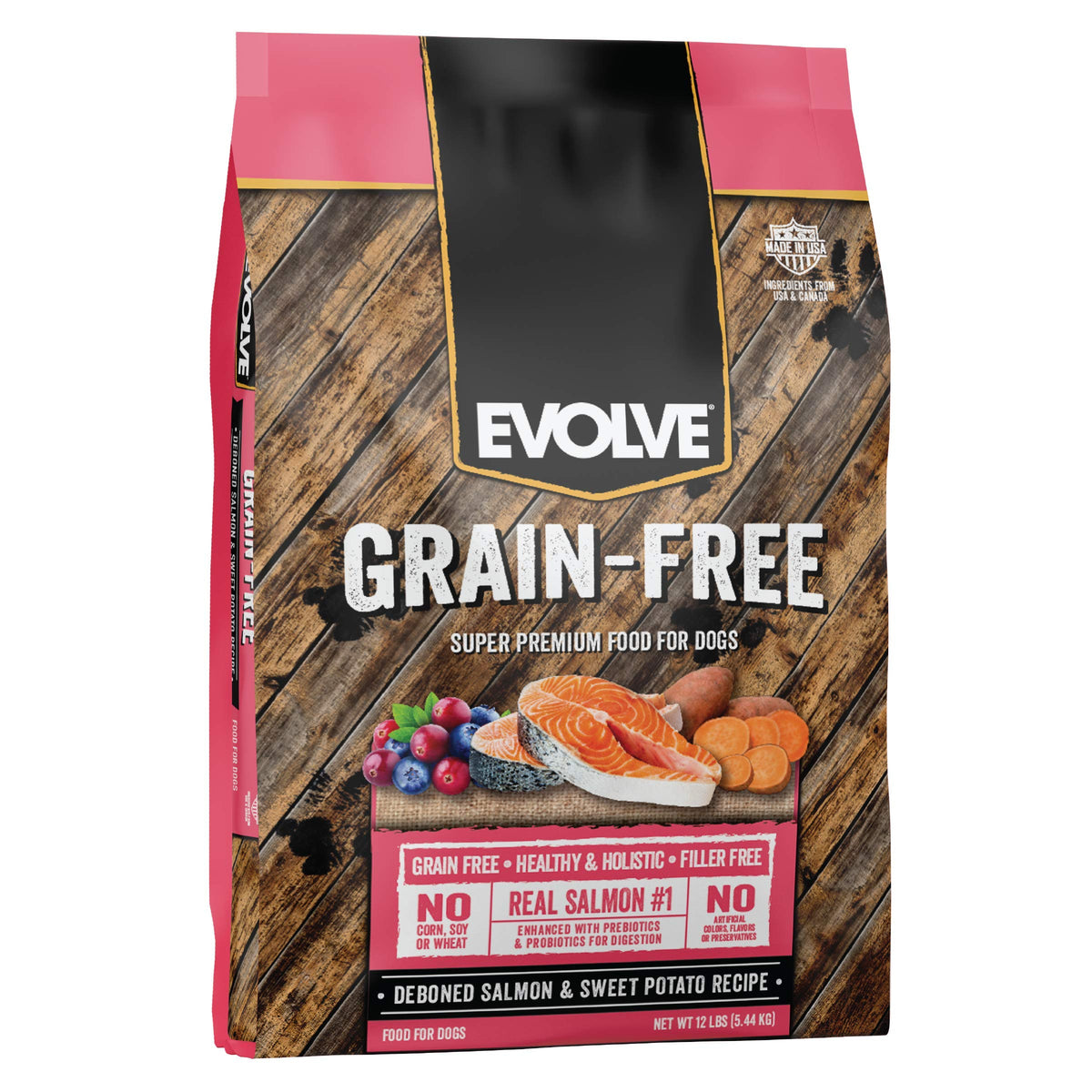 Image of Evolve grain-free salmon dog food bag showing protein-rich nutrition for adult dogs.