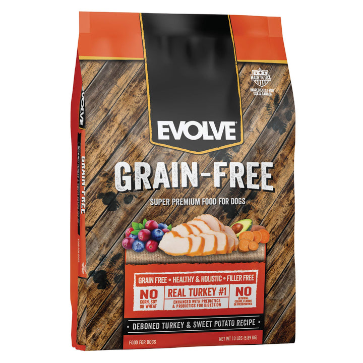 Evolve grain-free turkey bag—no corn, wheat, or soy for sensitive dogs.