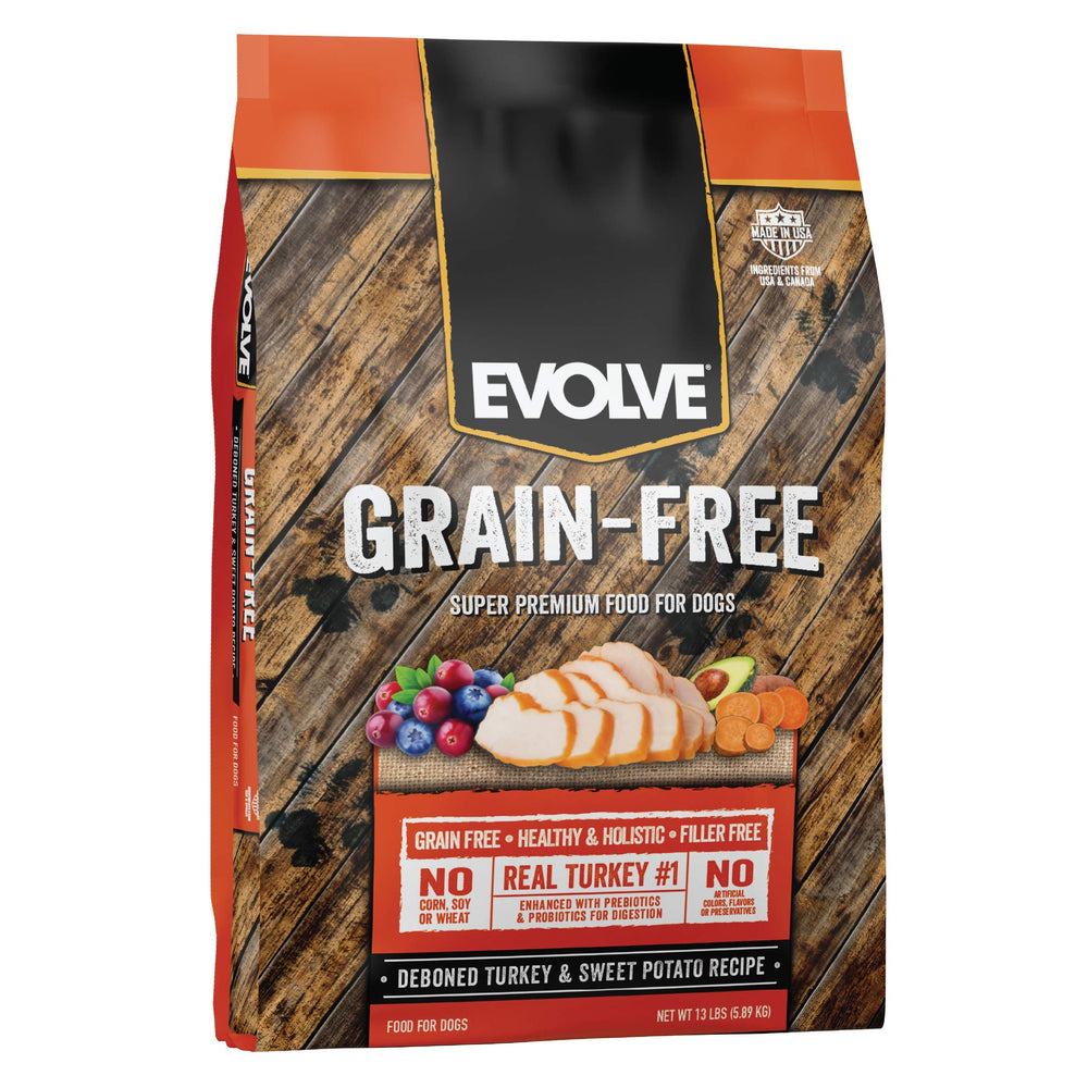 Evolve grain-free turkey bag—no corn, wheat, or soy for sensitive dogs.